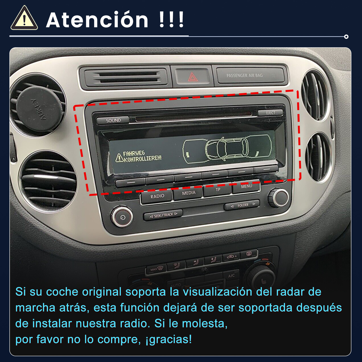 Salpicadero de coche con radio, rejillas de ventilación y aviso.