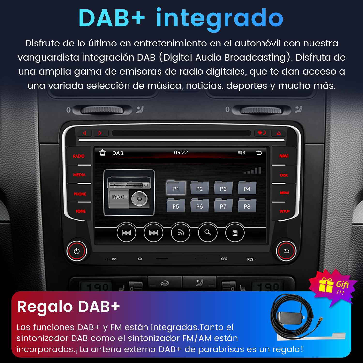 Radio de coche con DAB+ muestra información. Abajo se ve una antena.