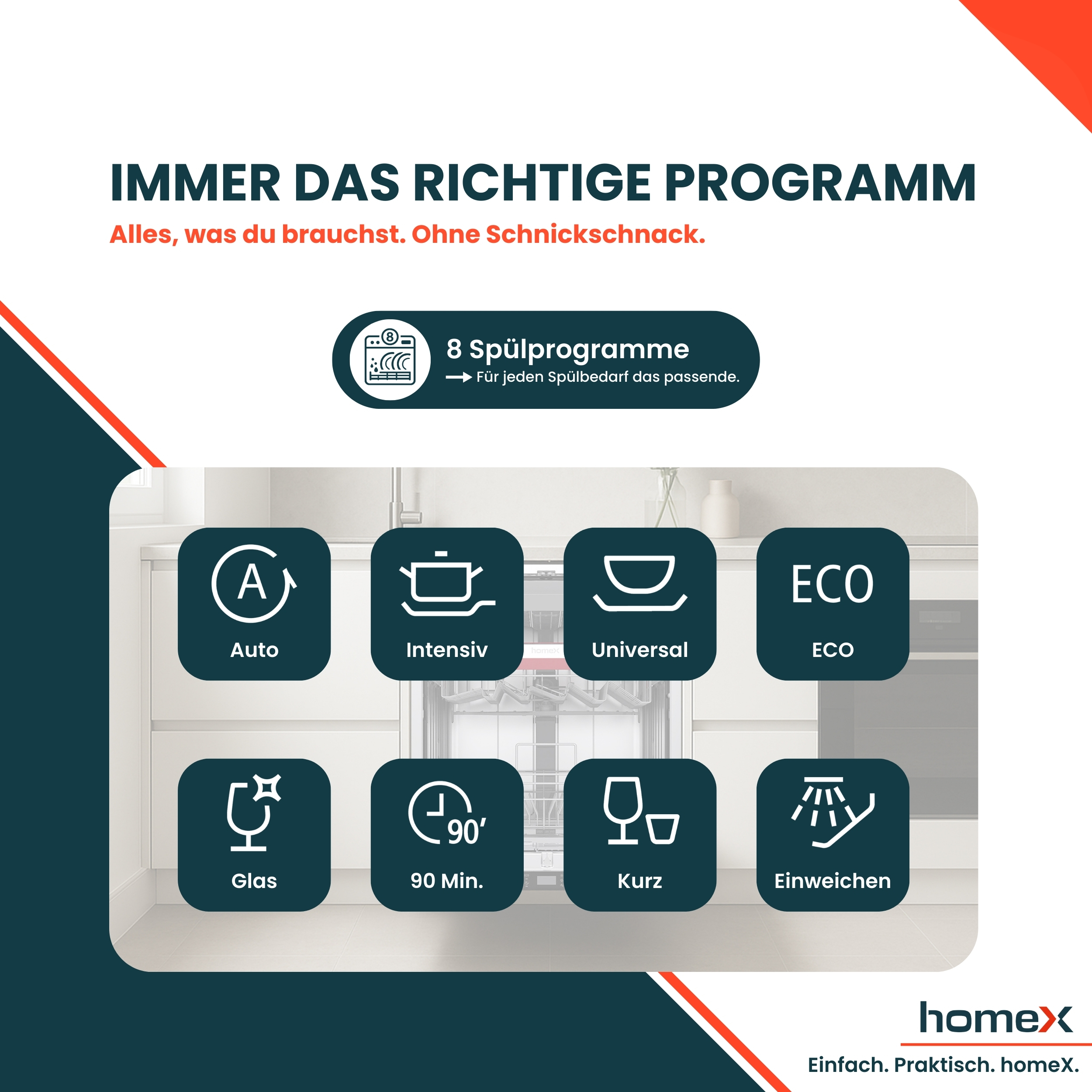 Dishwasher programs: Auto, Intensiv, Universal, ECO, Glas, 90 Min., Kurz, Einweichen.