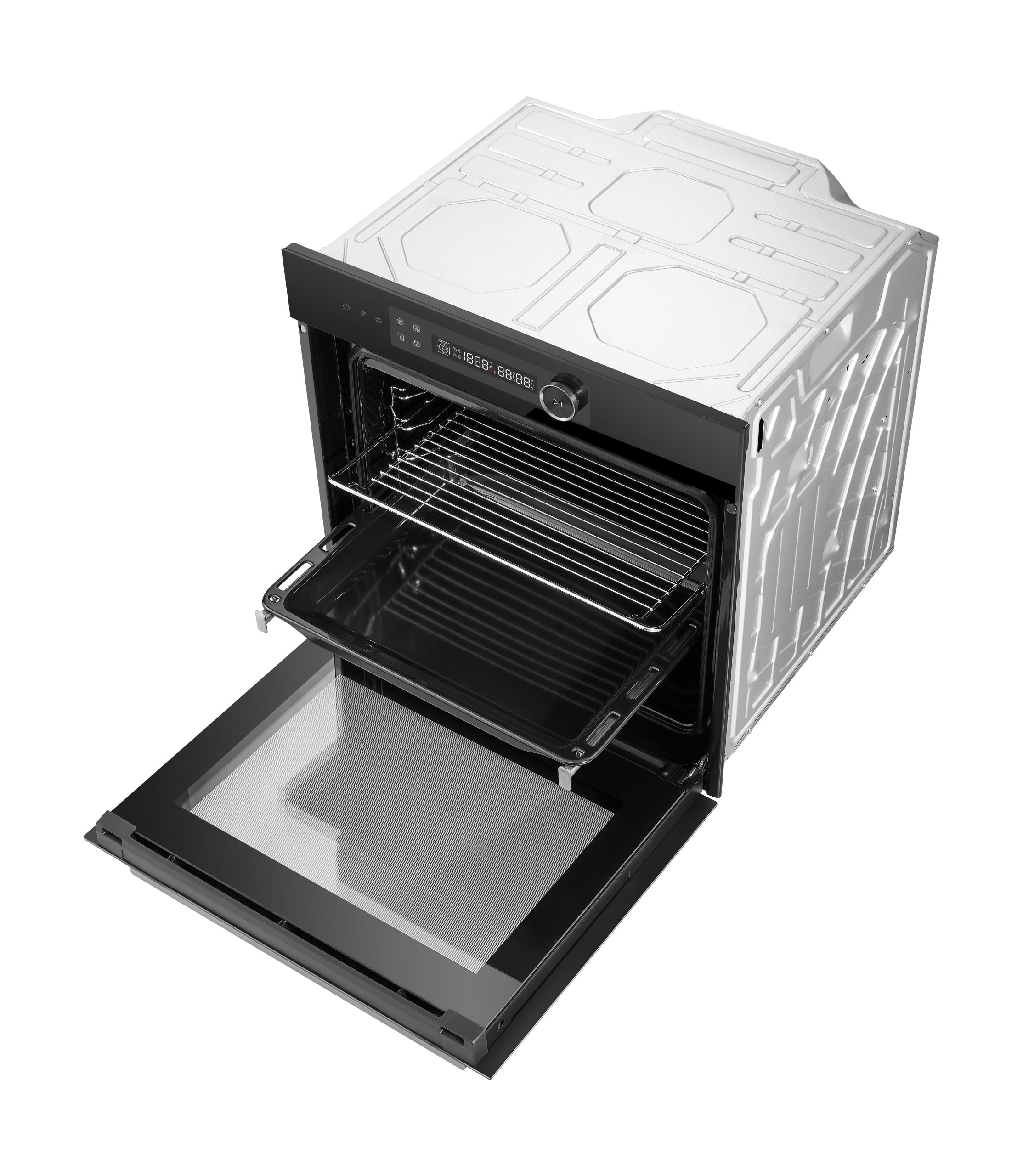 Un forno da incasso moderno con porta aperta e griglia estratta.