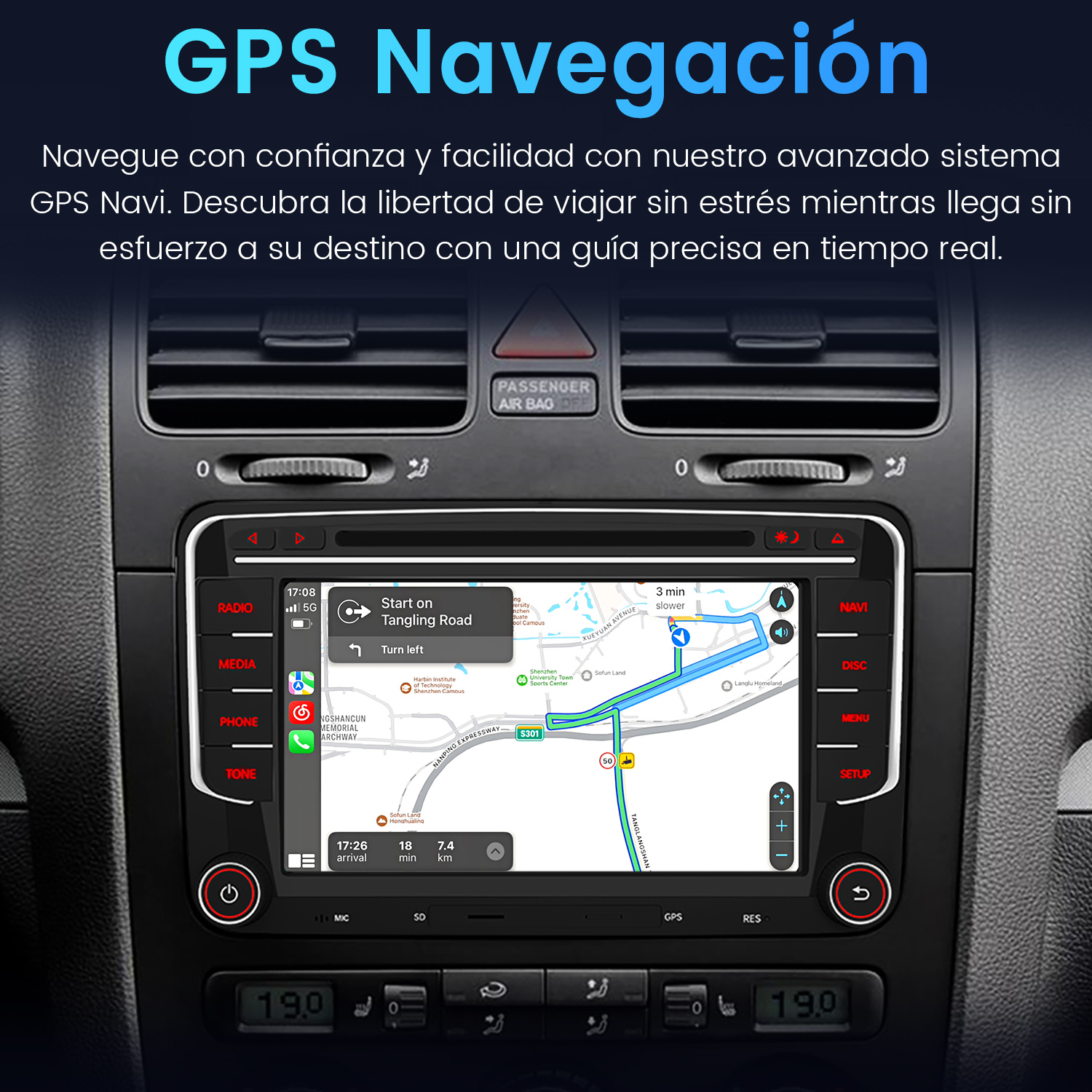 Una pantalla de navegación GPS de coche que muestra un mapa de calles y guía.