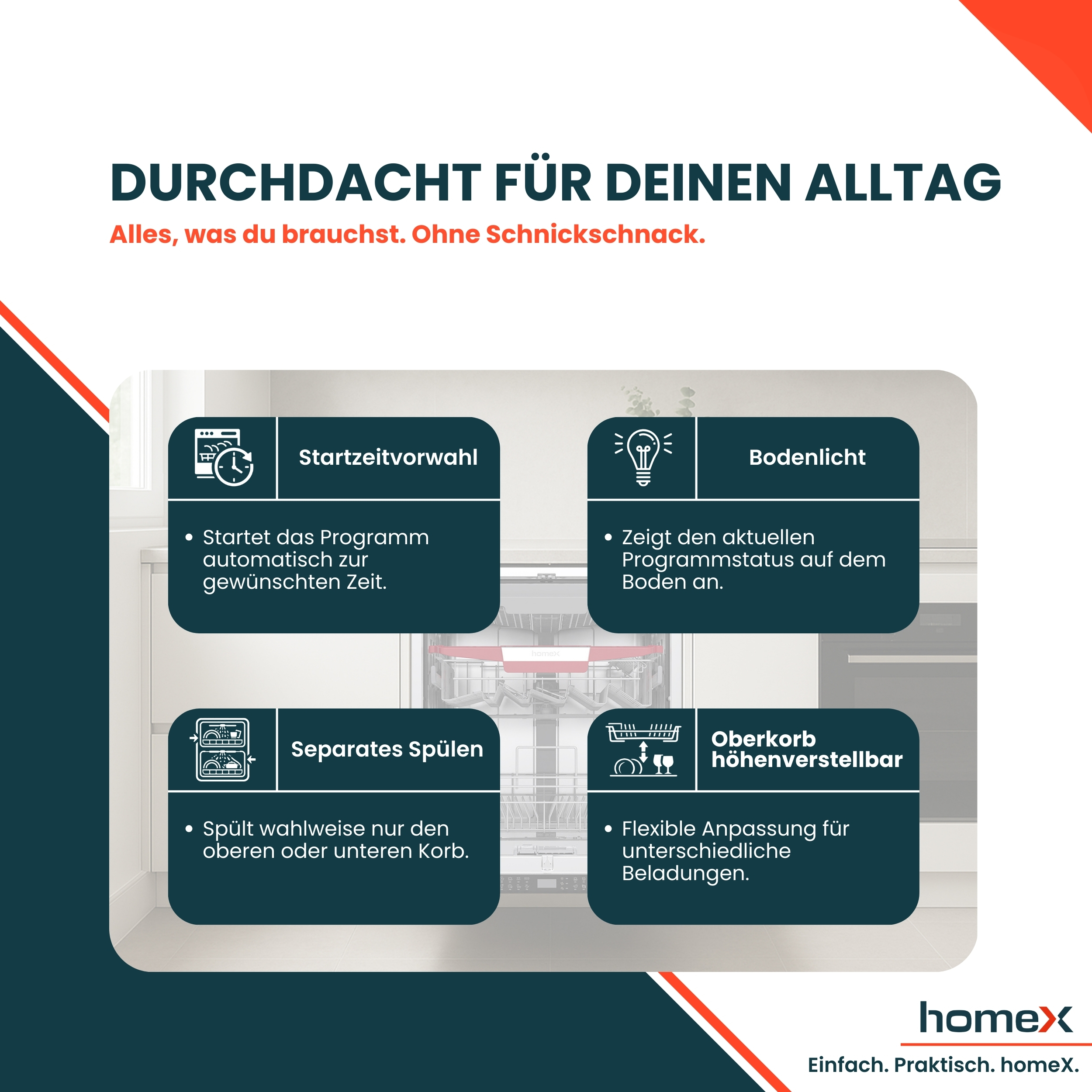 Einbaugeschirrspüler mit Startzeitvorwahl, Bodenlicht, separatem Spülen und höhenverstellbarem Oberkorb.