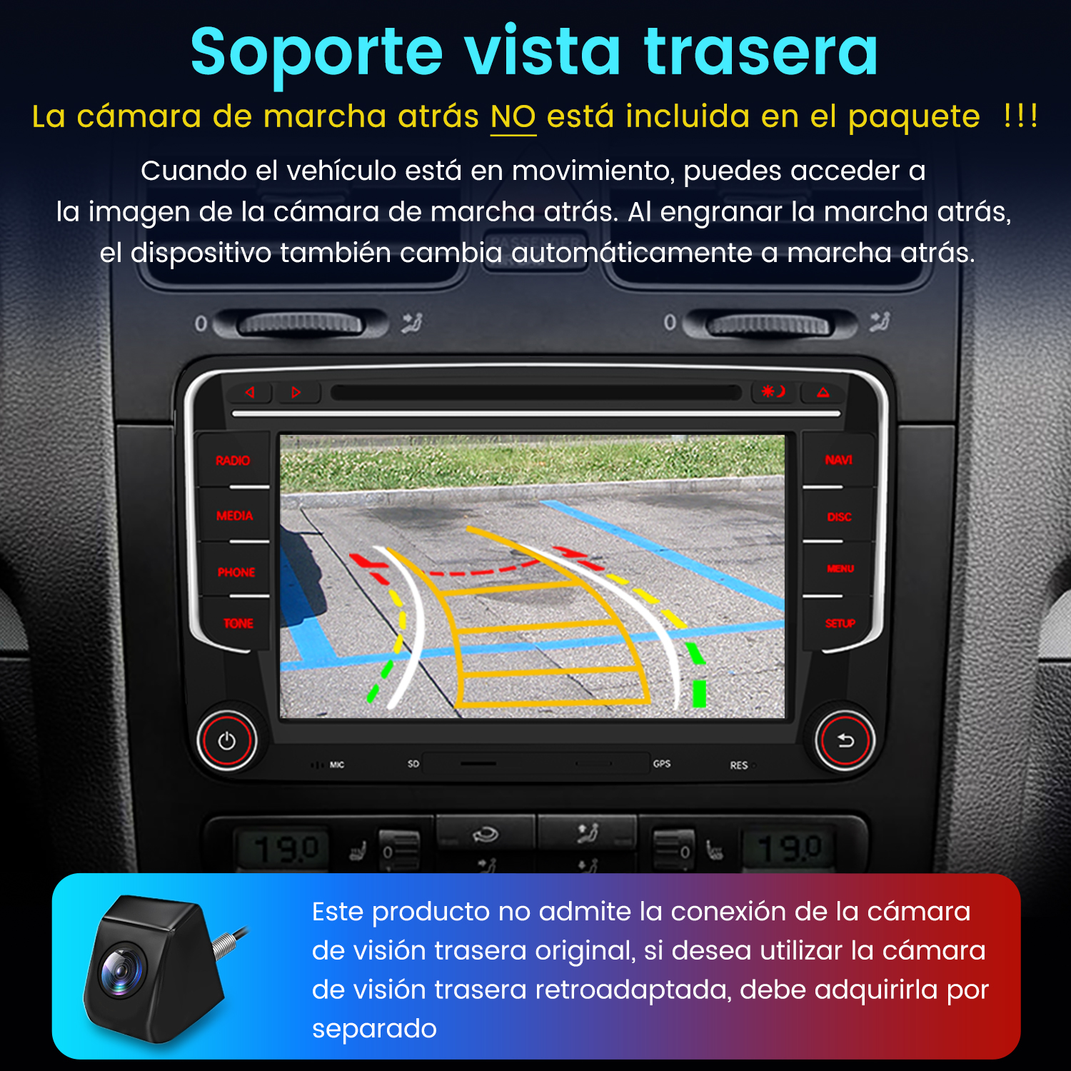 La radio del coche muestra una vista de cámara de marcha atrás.