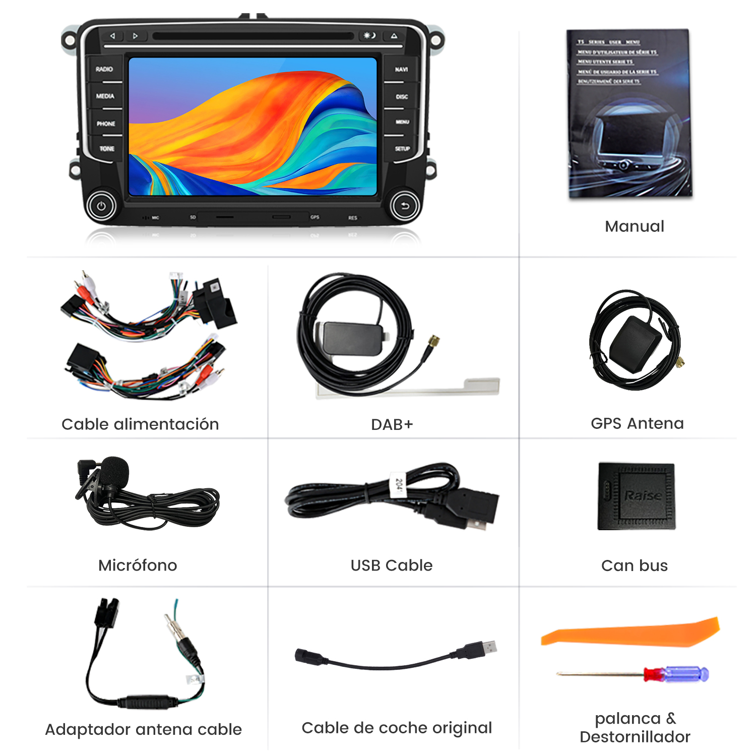 Accesorios radio coche: cables, antenas, micrófono, USB, manual, herramientas.