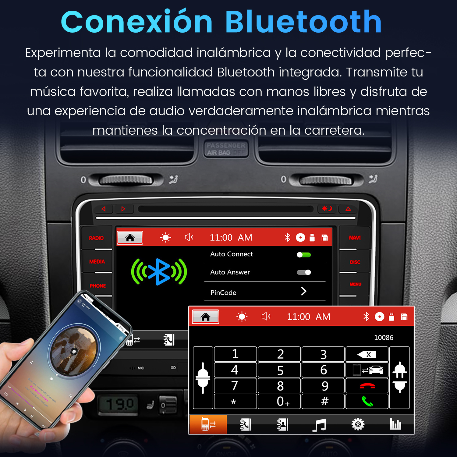 Coche con Bluetooth: Teléfono reproduce música, teclado, ajustes, radio.