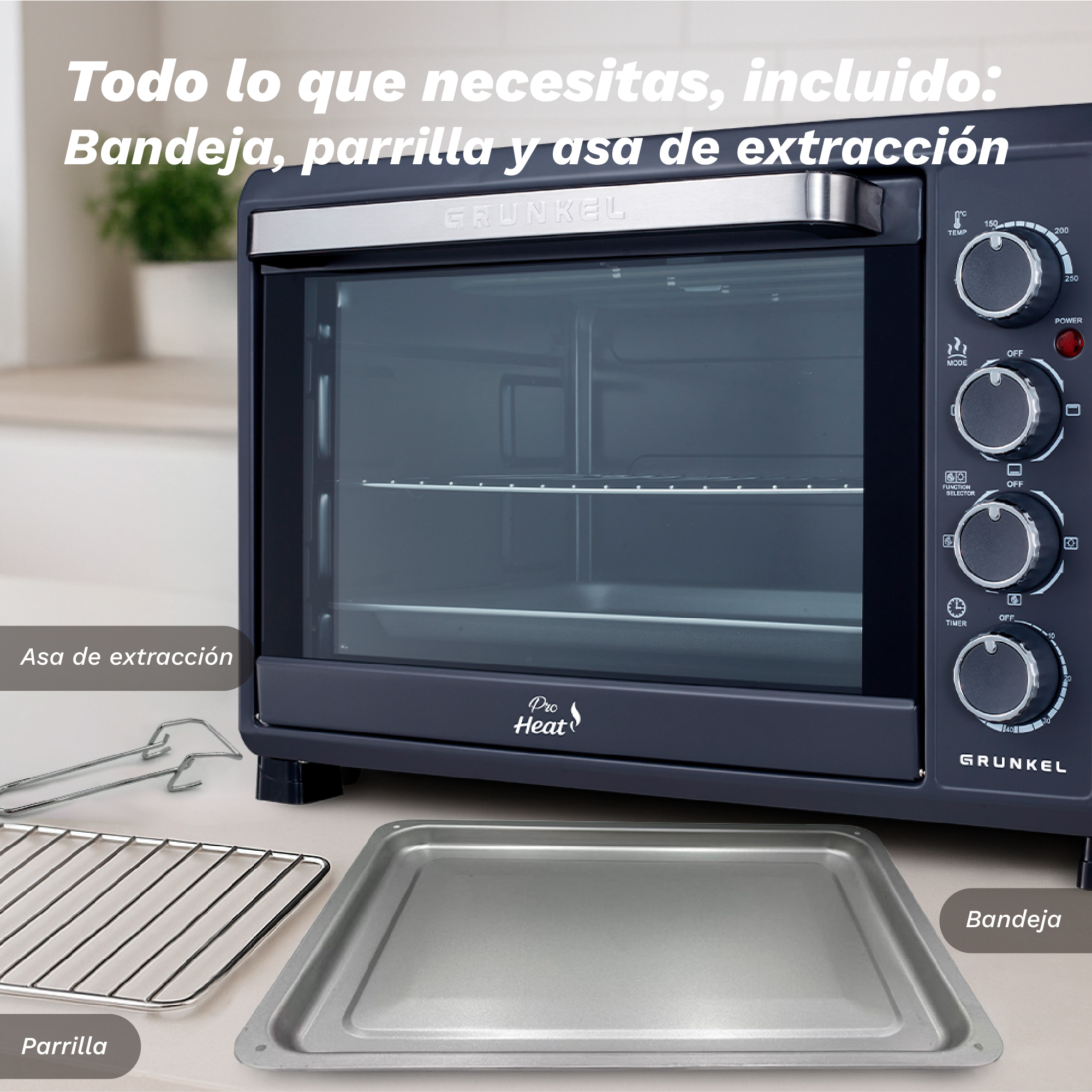 Un horno oscuro con accesorios: rejilla, bandeja y asa de extracción. Mandos de temp, modo, temporizador.