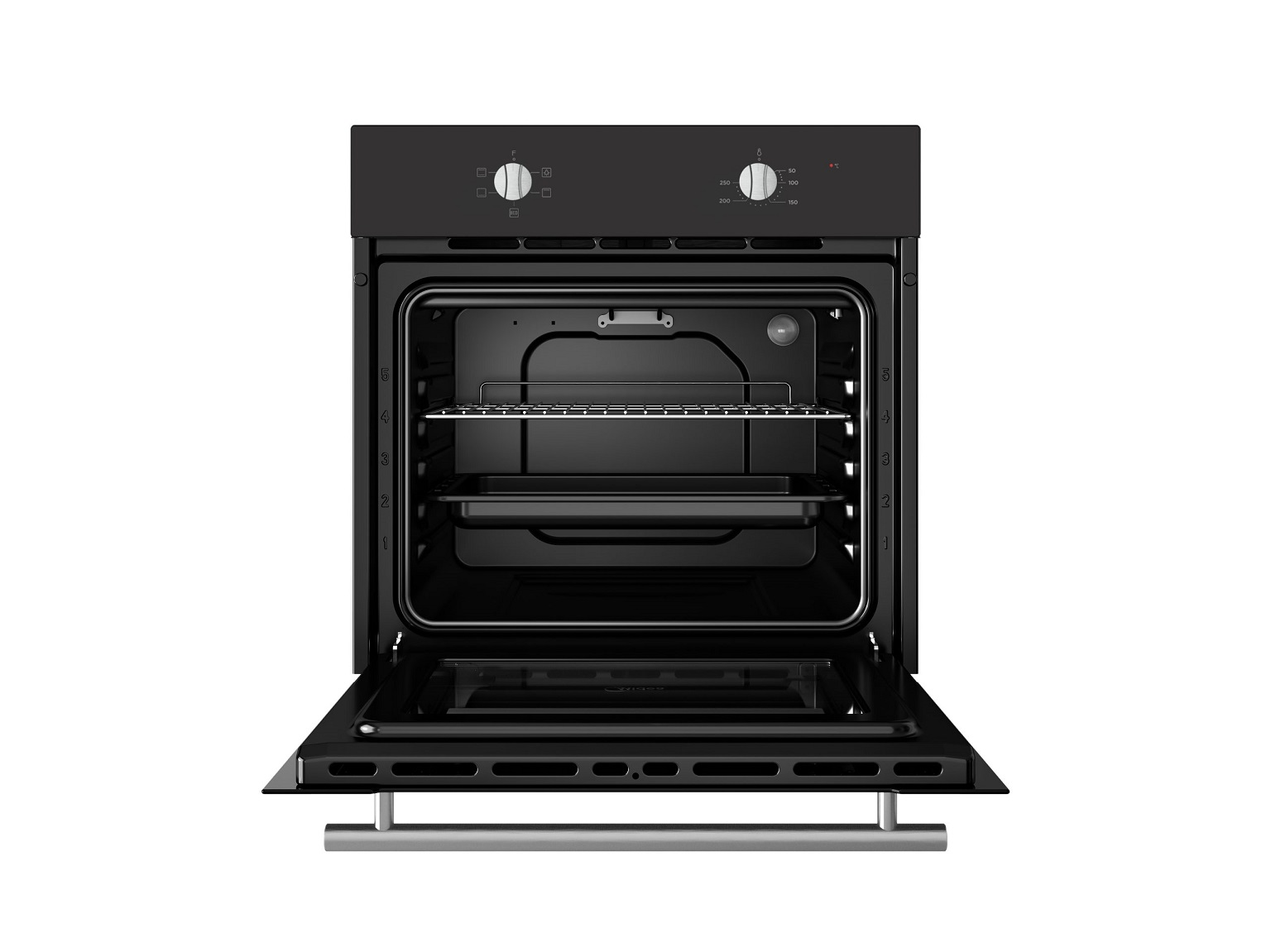 Un horno empotrado negro abierto con una rejilla y una bandeja.