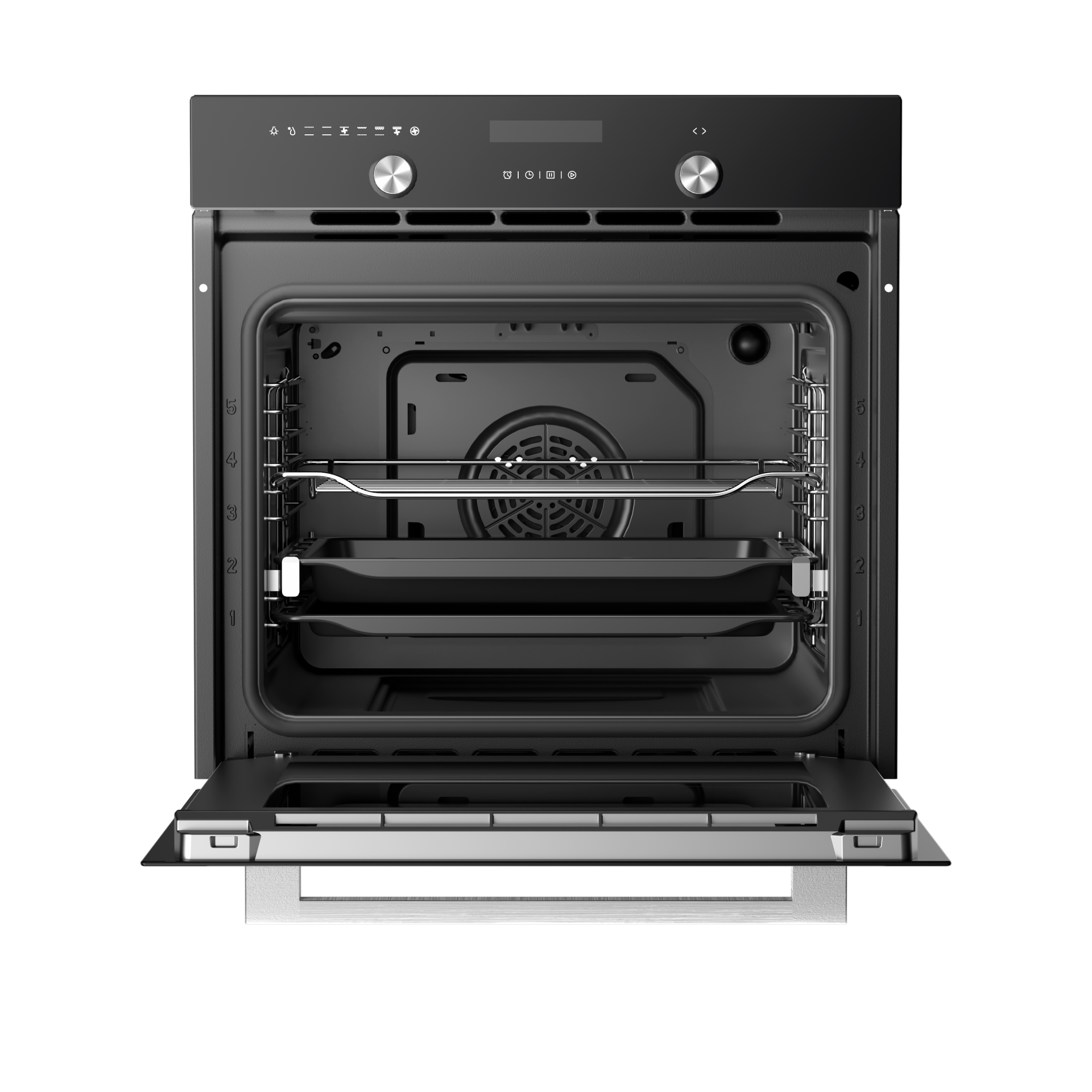 Un horno empotrado moderno y abierto con detalles plateados y controles negros.