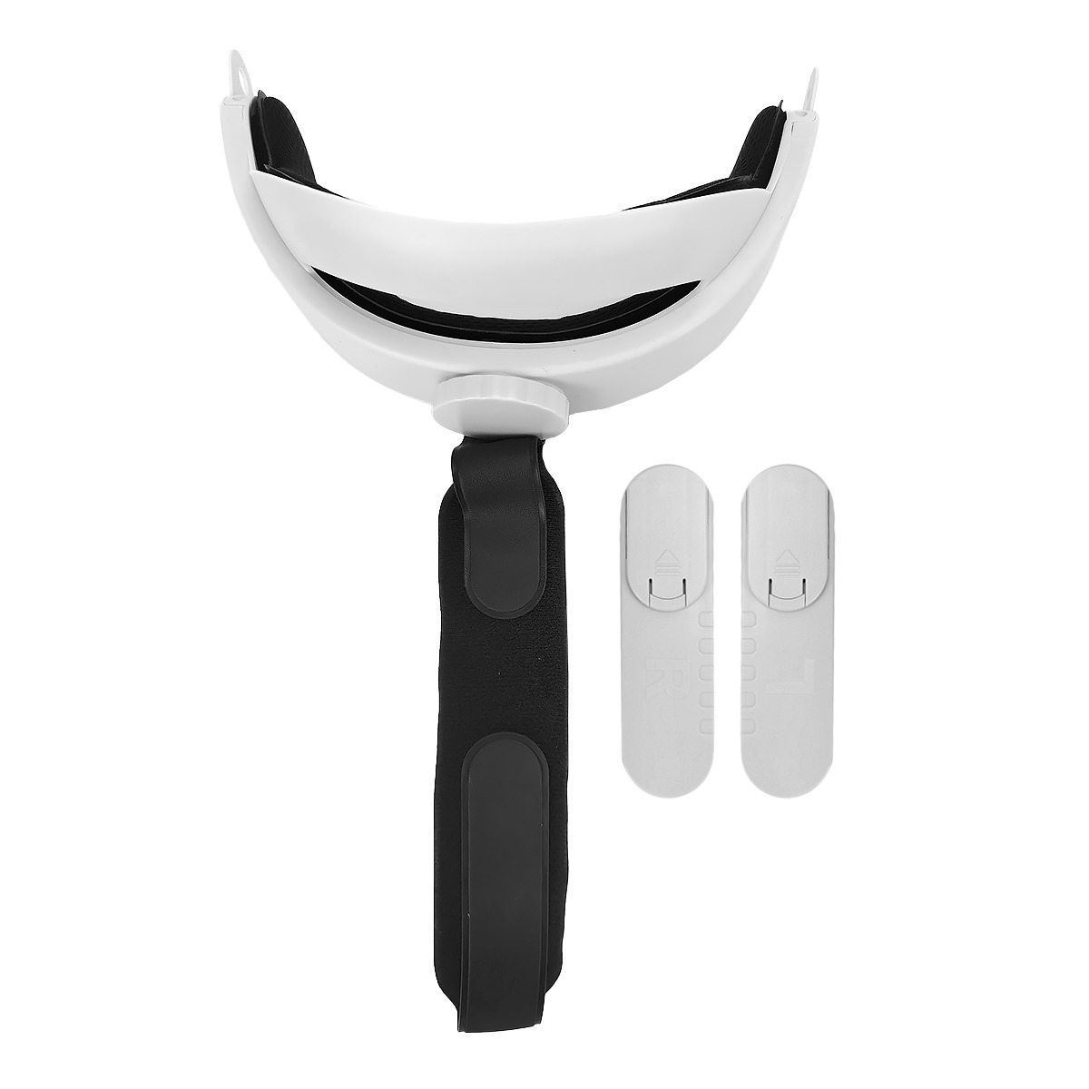 Een witte VR-headset hoofdband met zwarte riem en twee witte controllers.