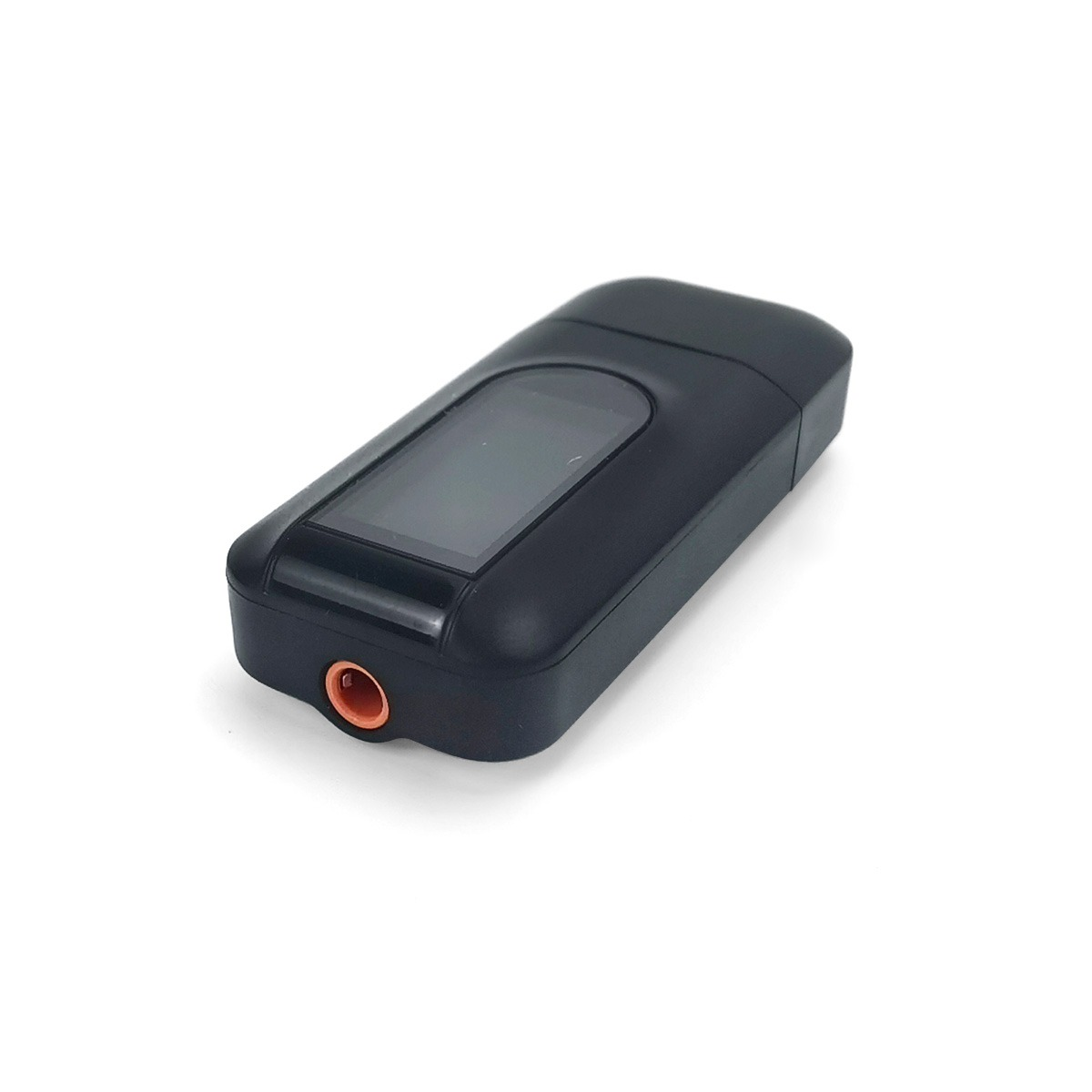 Czarny sprzęt elektroniczny z małym ekranem i gniazdem słuchawkowym.