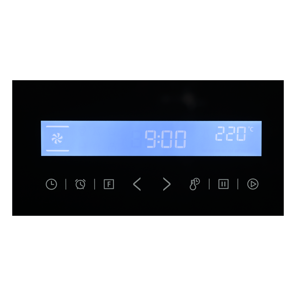 Pantalla digital de horno mostrando las 9:00 y 220 grados Celsius.