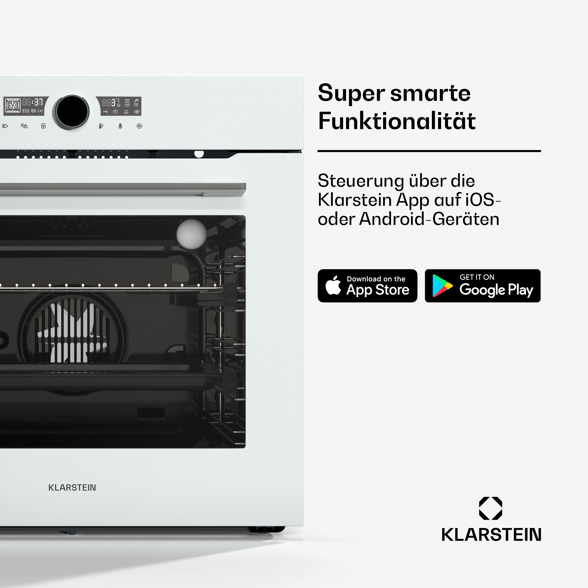 Ein weißer Klarstein Backofen mit digitaler Steuerung und App-Download-Buttons.