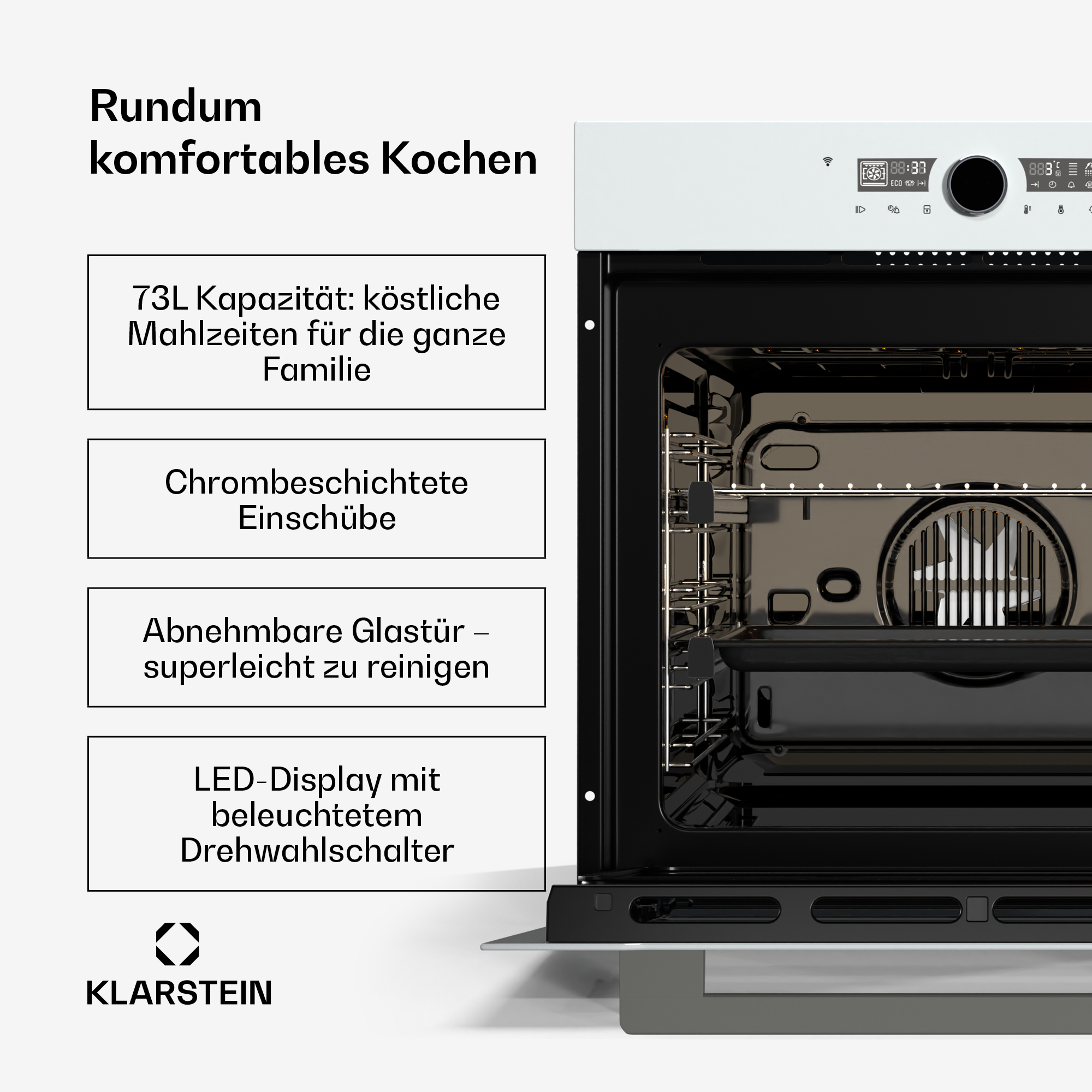 Moderner Klarstein Ofen mit Bedienfeld und Innenraum.