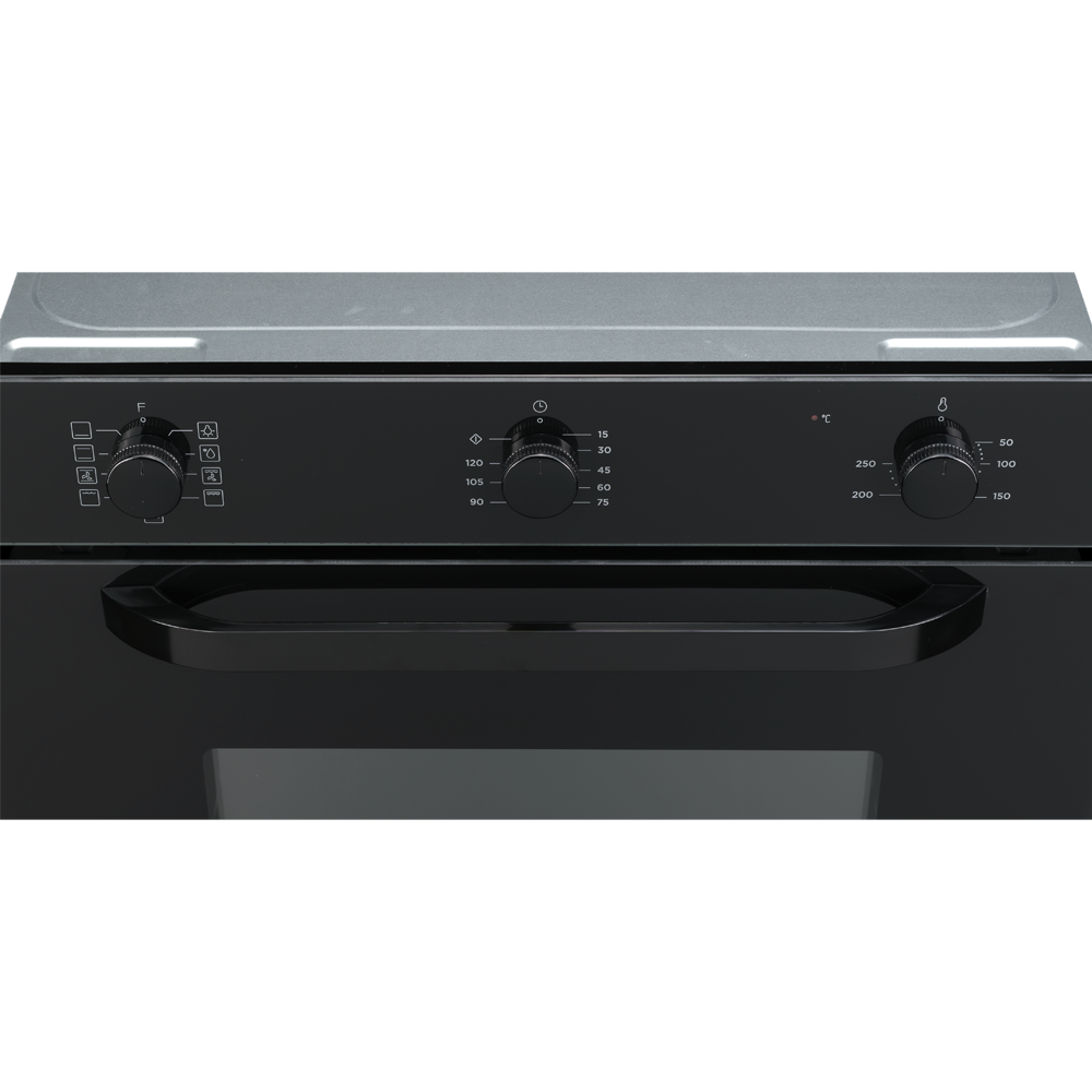 Primer plano de un horno negro con tres diales y un asa.