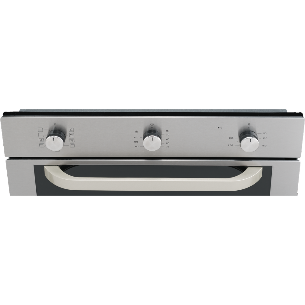 Horno de acero inoxidable con tres diales y un asa. Un dial tiene símbolos.