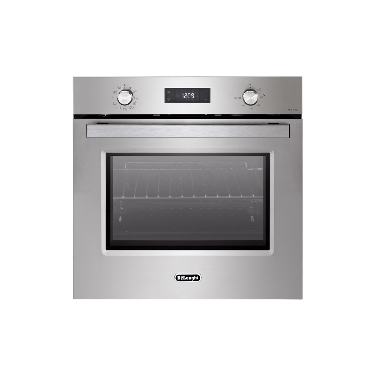 Un horno empotrable plateado con pantalla digital y mandos.