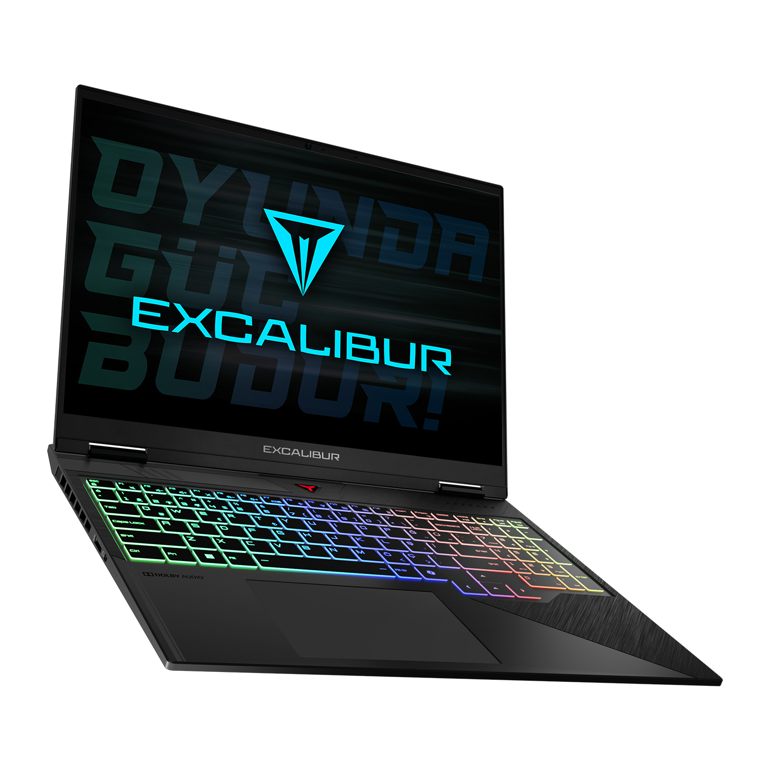 Ekranında 'EXCALIBUR' logosu ve aydınlatmalı klavyeye sahip siyah dizüstü bilgisayar.
