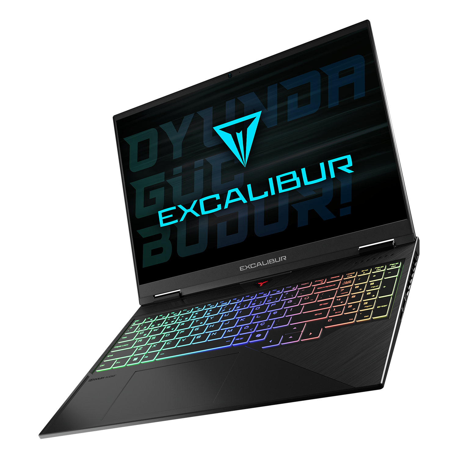 Ekranında Excalibur logosu ve aydınlatmalı klavyesi olan siyah dizüstü bilgisayar.