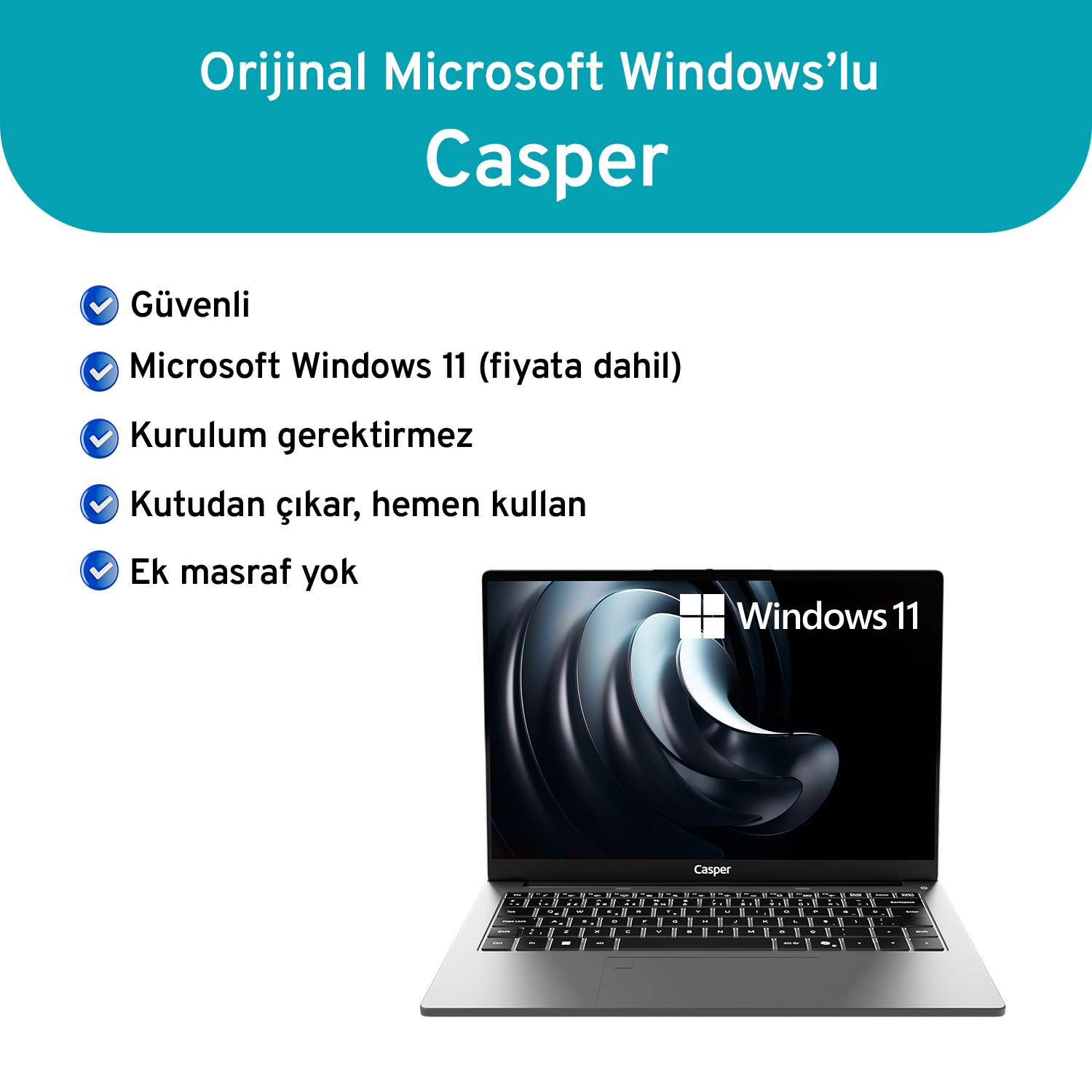 Windows 11'li bir laptop, kurulum gerektirmeyen kullanıma hazır.