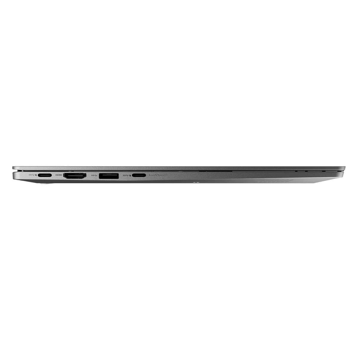 HDMI ve USB-C bağlantı noktalarına sahip gri dizüstü bilgisayar bağlantı alanı.