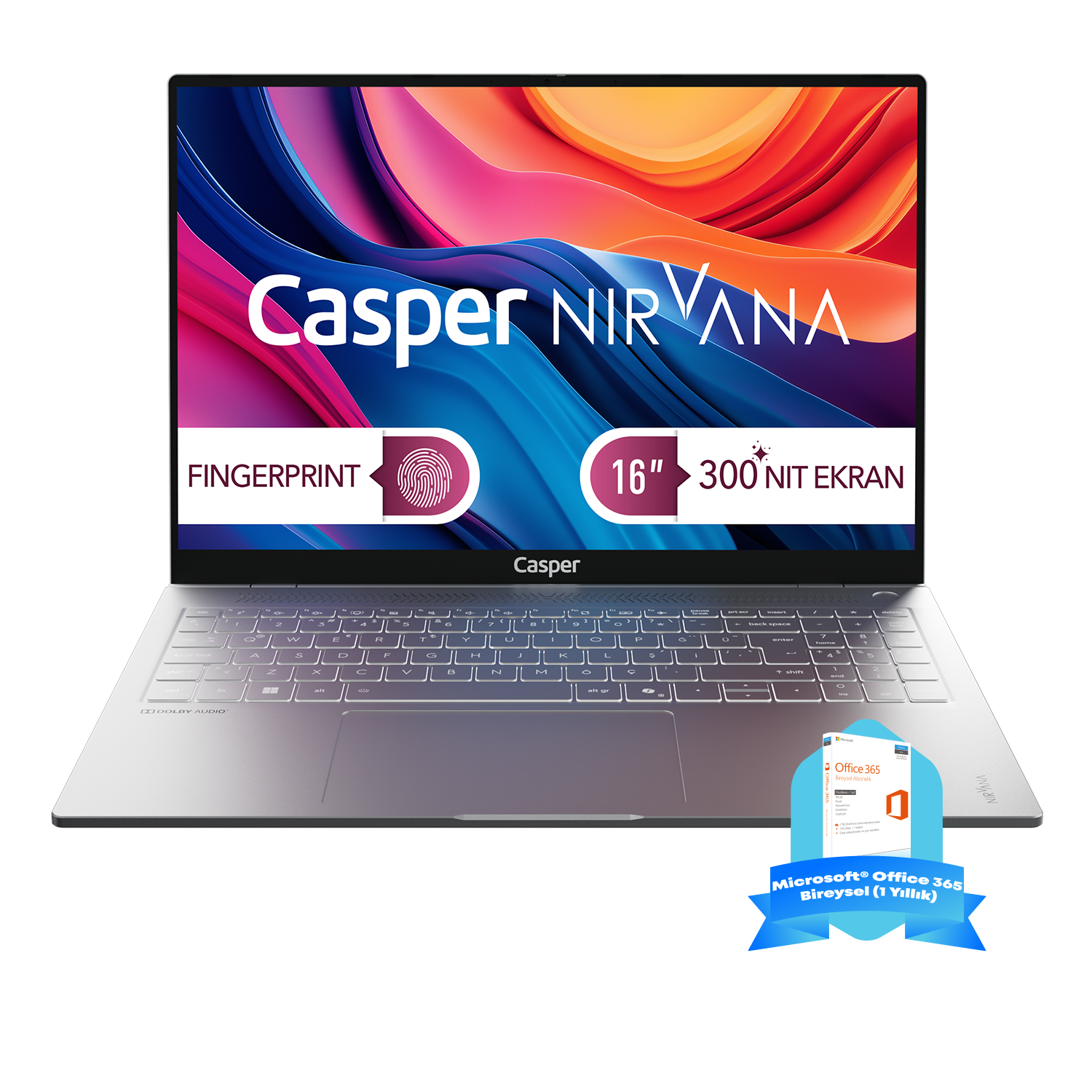 Renkli duvar kağıdı ve Office 365 promosyonu gösteren gümüş laptop.