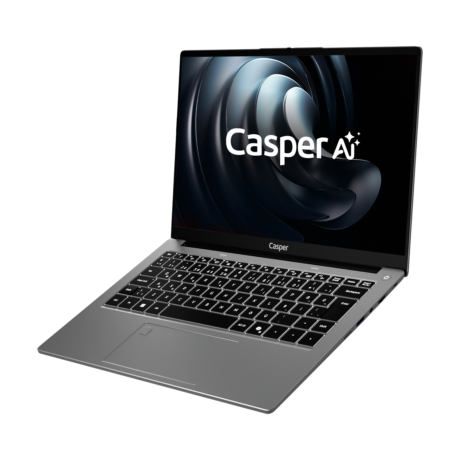 Ekranında soyut arka planı olan gri bir Casper dizüstü bilgisayar.