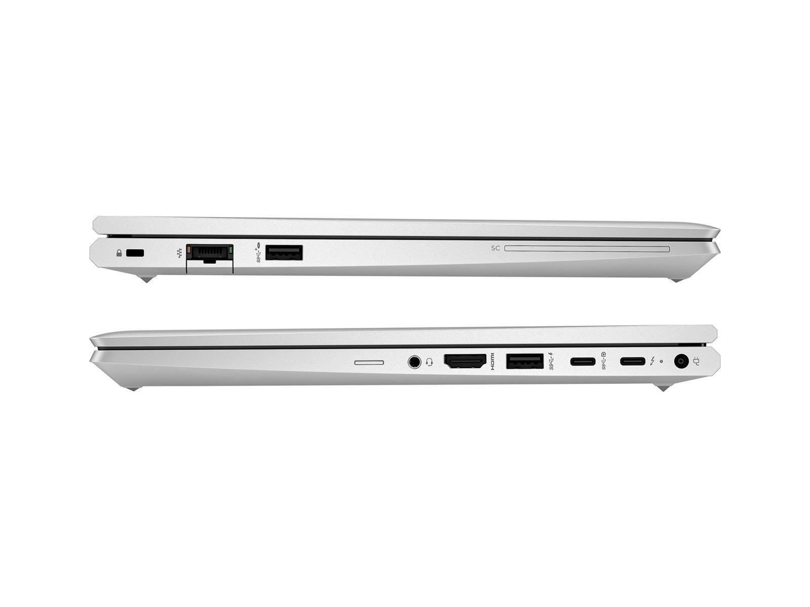 Silberner Laptop-Anschlüsse: USB, Ethernet, SD-Kartensteckplatz, HDMI, USB-C, Audiobuchse.