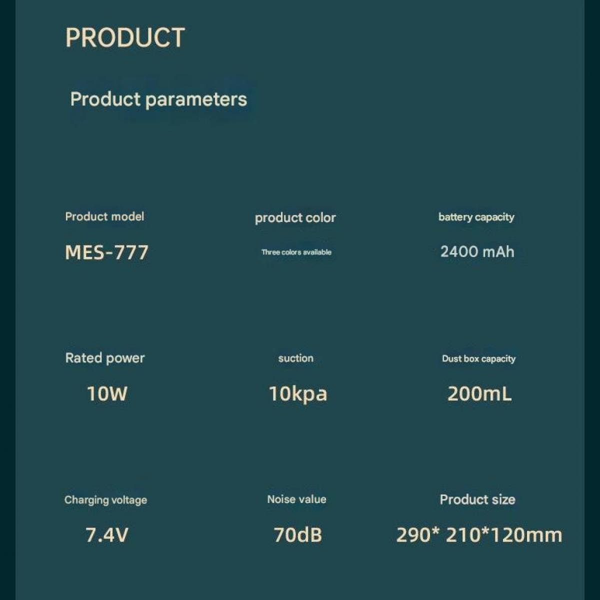 Produktparameter: Modell MES-777, 2400mAh, 10W, 10kPa, 200mL, 7.4V, 70dB, 290x210x120mm.