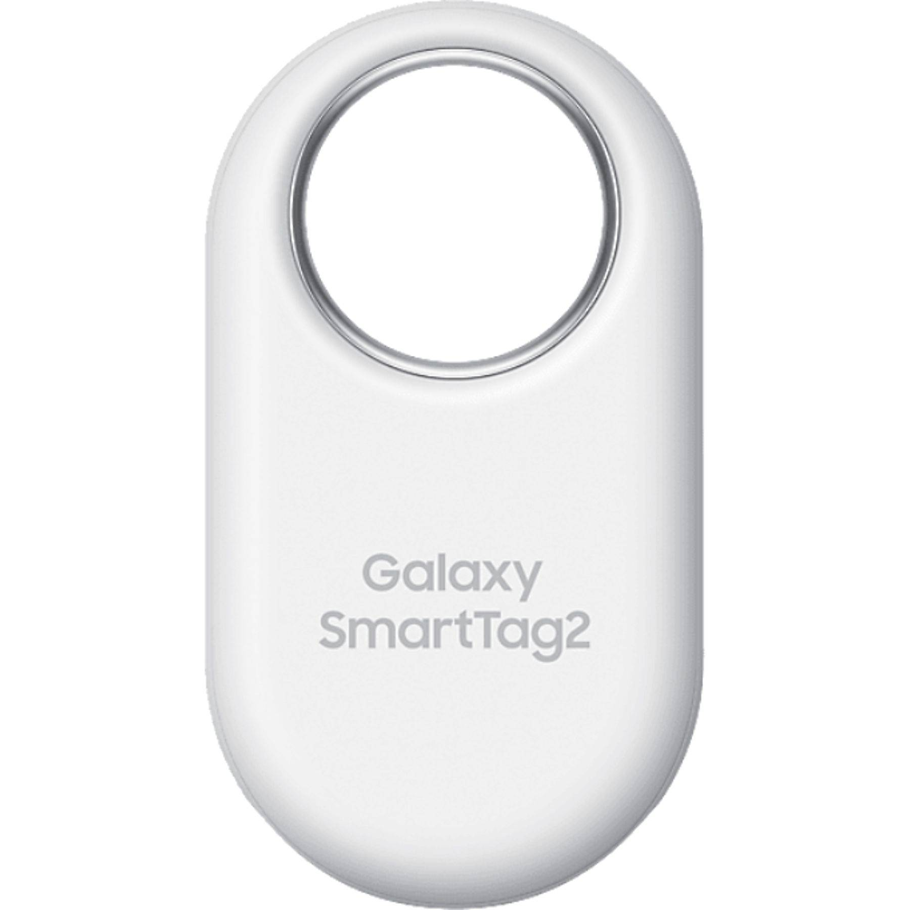 Gümüş halkalı beyaz Galaxy SmartTag2, beyaz arka planda.