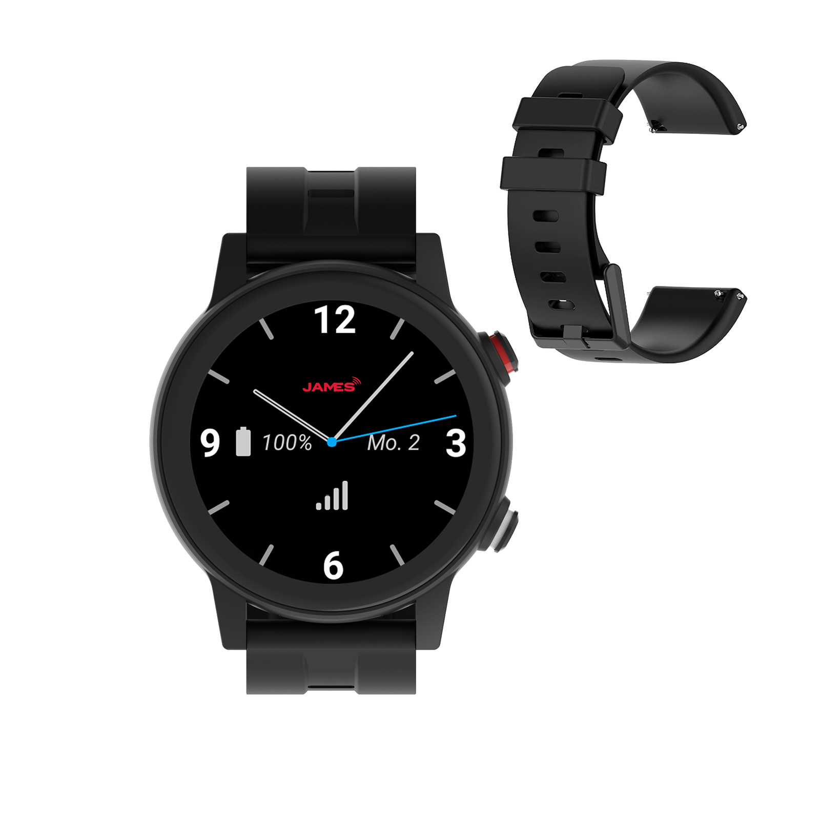 Eine schwarze Smartwatch mit einem austauschbaren Armband daneben.
