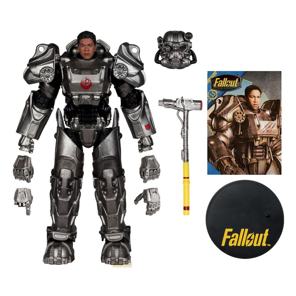 Actionfigur in silberner Rüstung mit Werkzeug, Helm und Logo auf weißem Hintergrund.