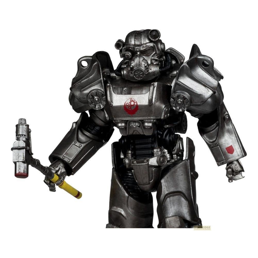 Ein silberner Power-Armor-Anzug mit roten Abzeichen hält einen Hammer.