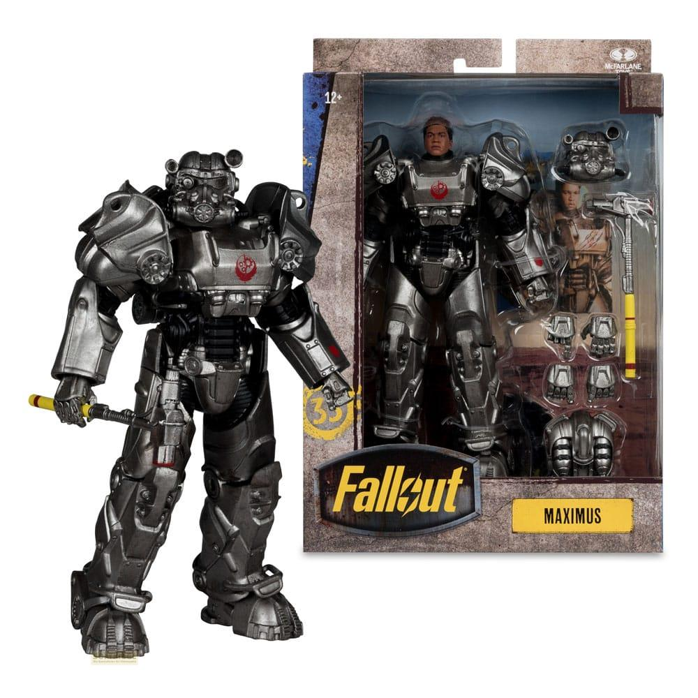 Graue Power-Rüstungsfigur mit gelbem Stab und Fallout-Verpackung.