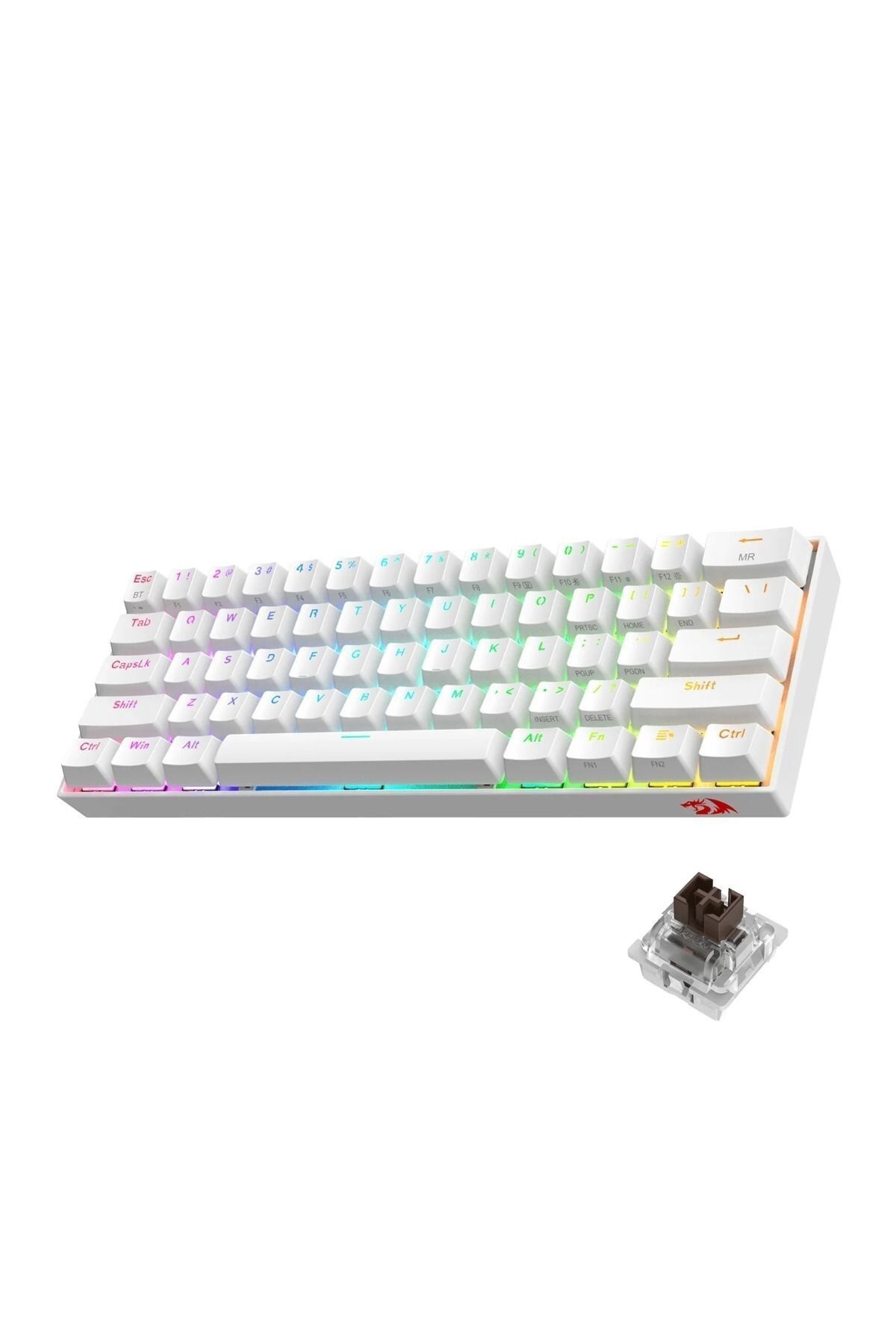 RGB aydınlatmalı beyaz mekanik klavye ve ayrı kahverengi anahtar.