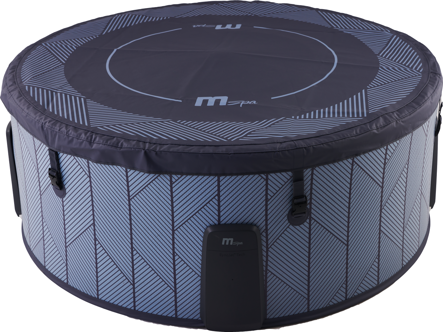 Ein aufblasbarer Whirlpool mit blauem Muster und schwarzem Deckel mit Logo.