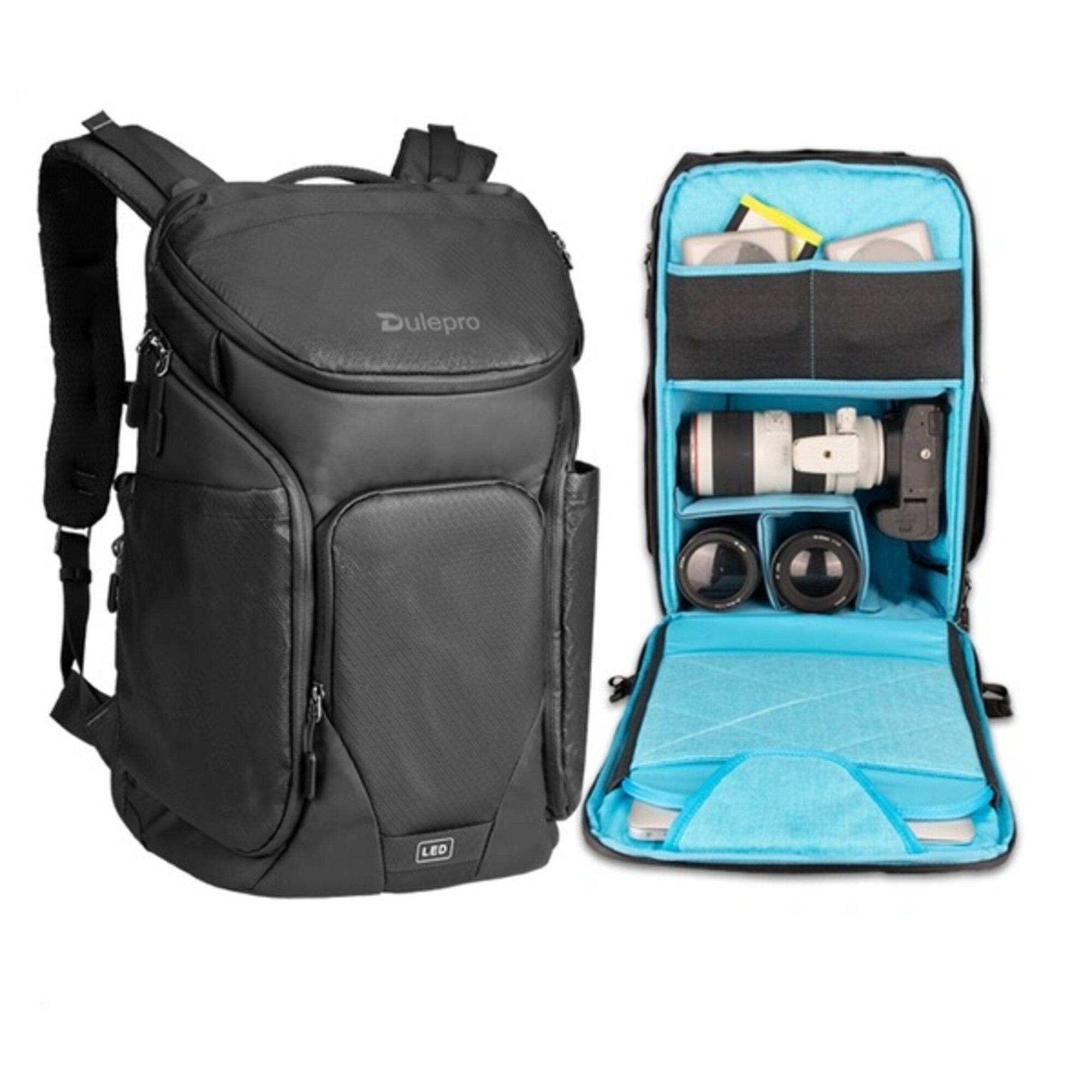 Schwarzer Rucksack mit geöffnetem Fach, das Kameraausrüstung zeigt.