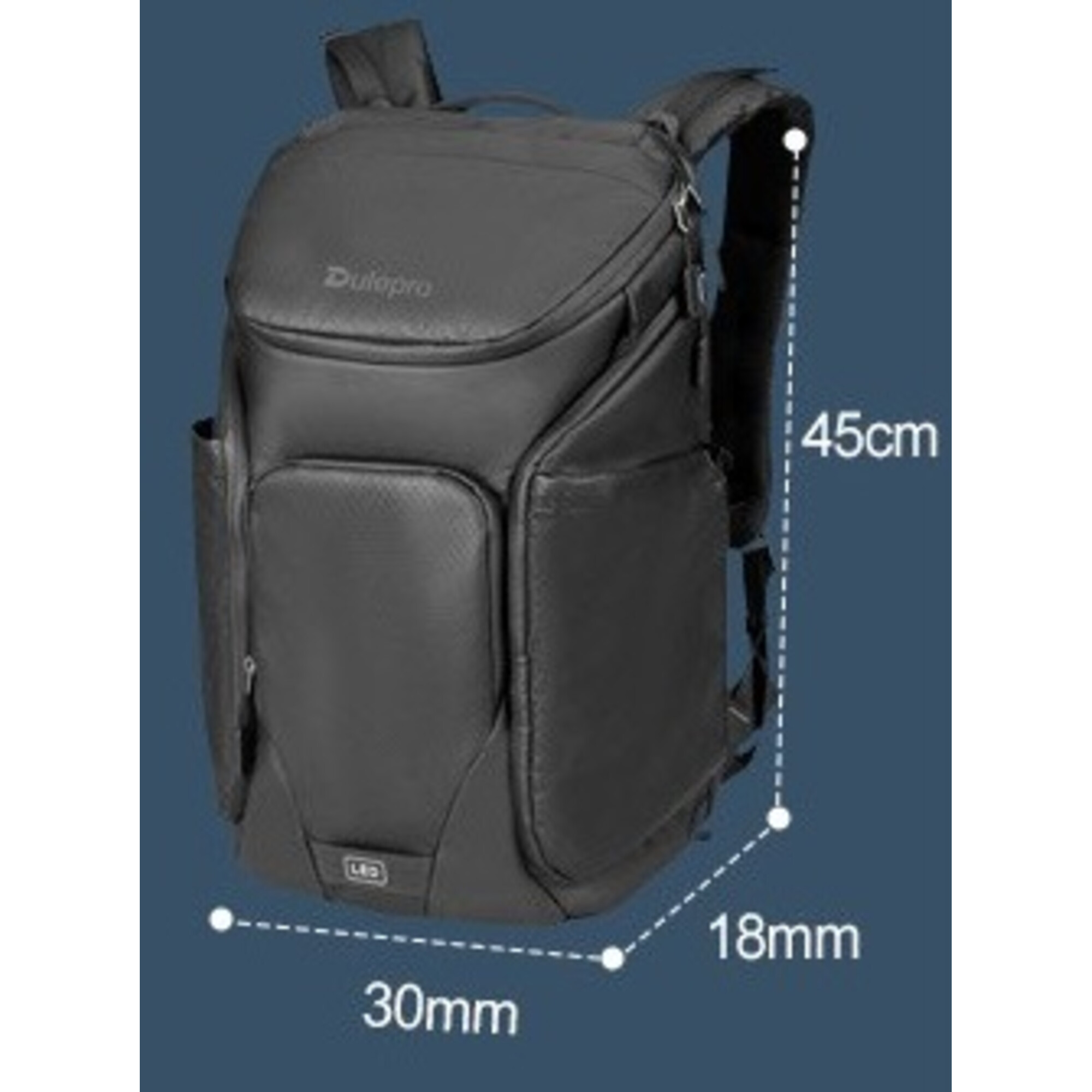 Schwarzer Rucksack mit Maßen 45x30x18cm, Dulepro Logo.