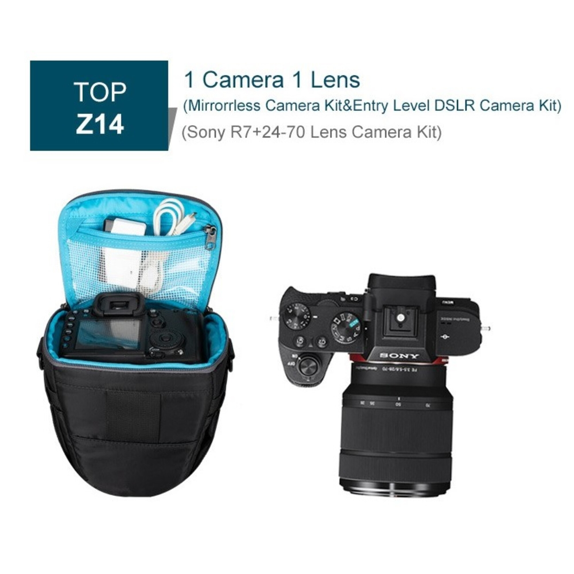 Kamera mit Objektiv in Tasche und daneben eine Sony-Kamera mit Objektiv.