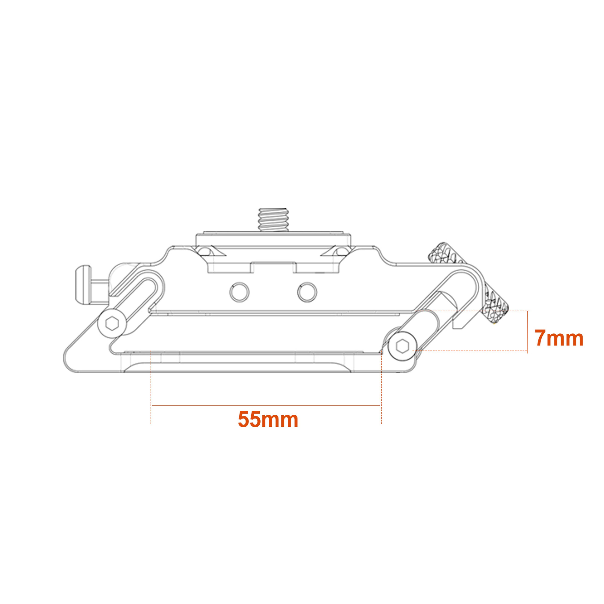Technische Zeichnung einer Kamerahalterung mit Maßangaben 55mm und 7mm.