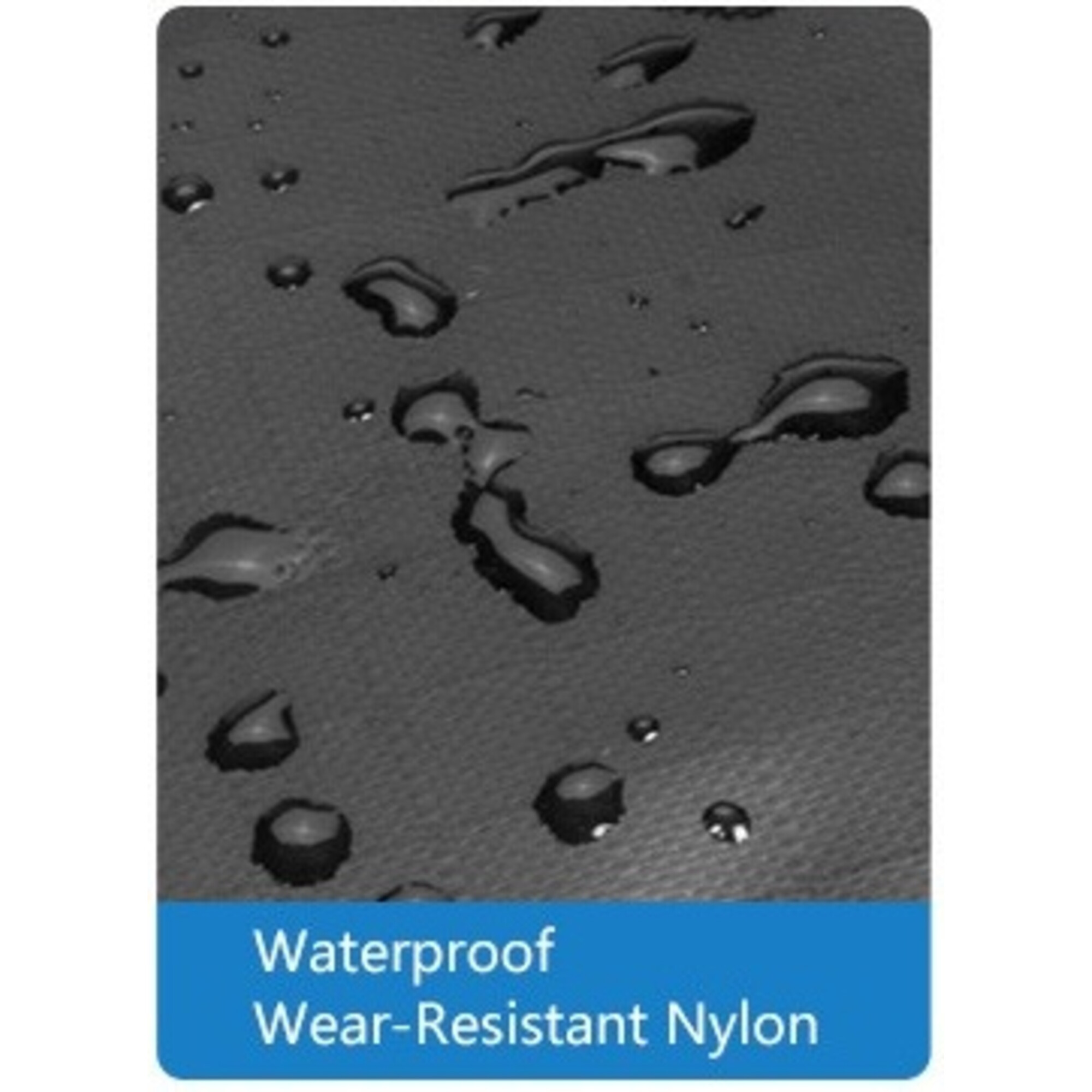 Wassertropfen auf schwarzem, texturiertem Stoff mit der Aufschrift 'Wasserdicht, verschleißfestes Nylon'.