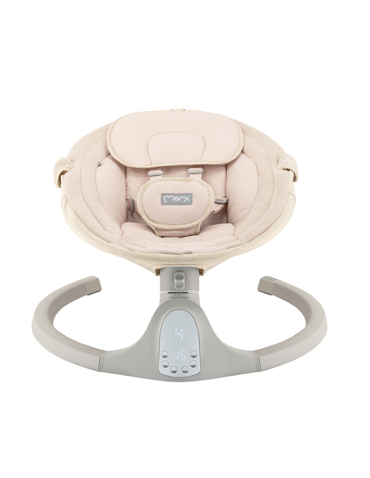 Ein beiger Babyschaukel mit Gurten und einem digitalen Display.