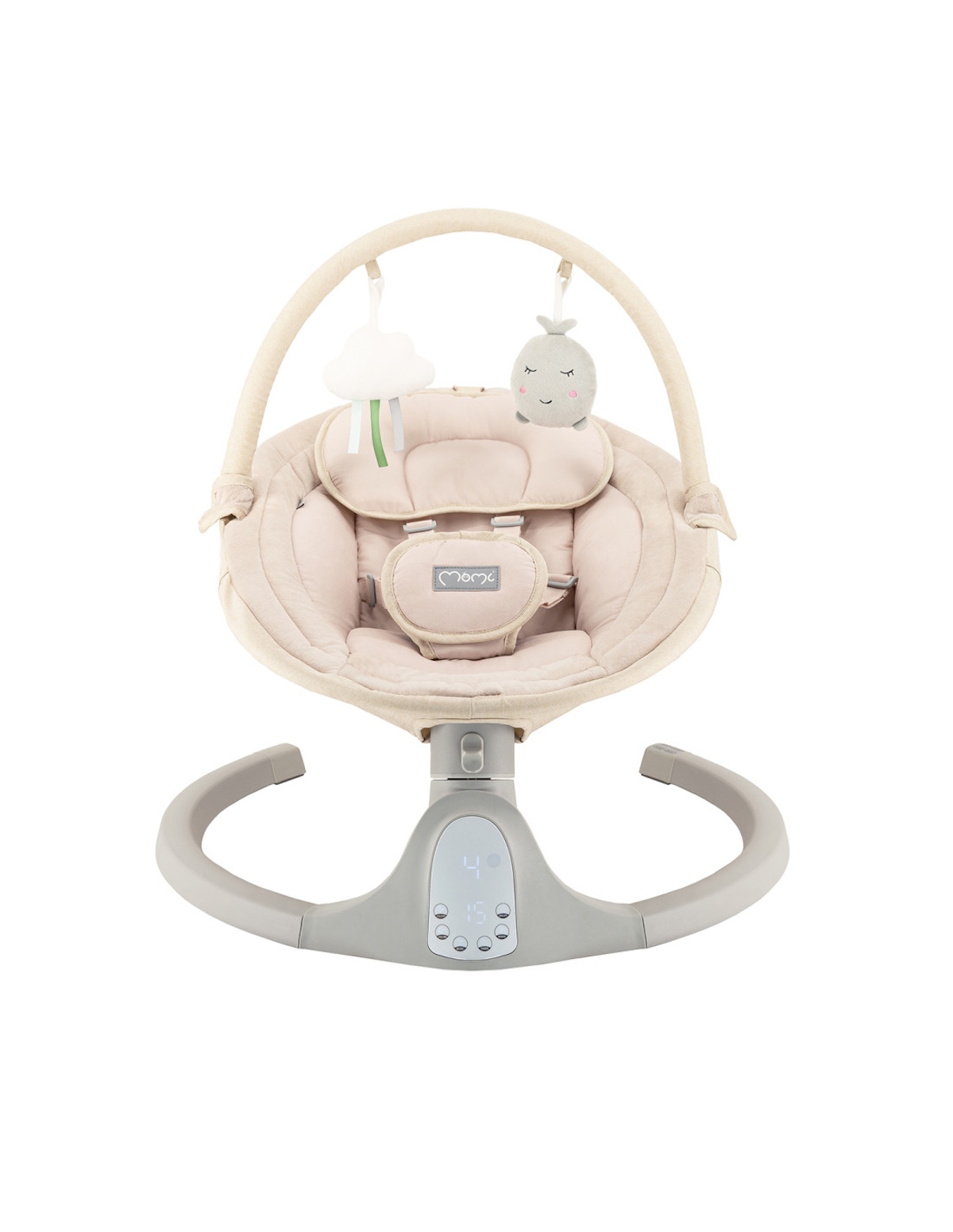 Beigefarbene Babywippe mit Spielzeug: Wolke und Wal.