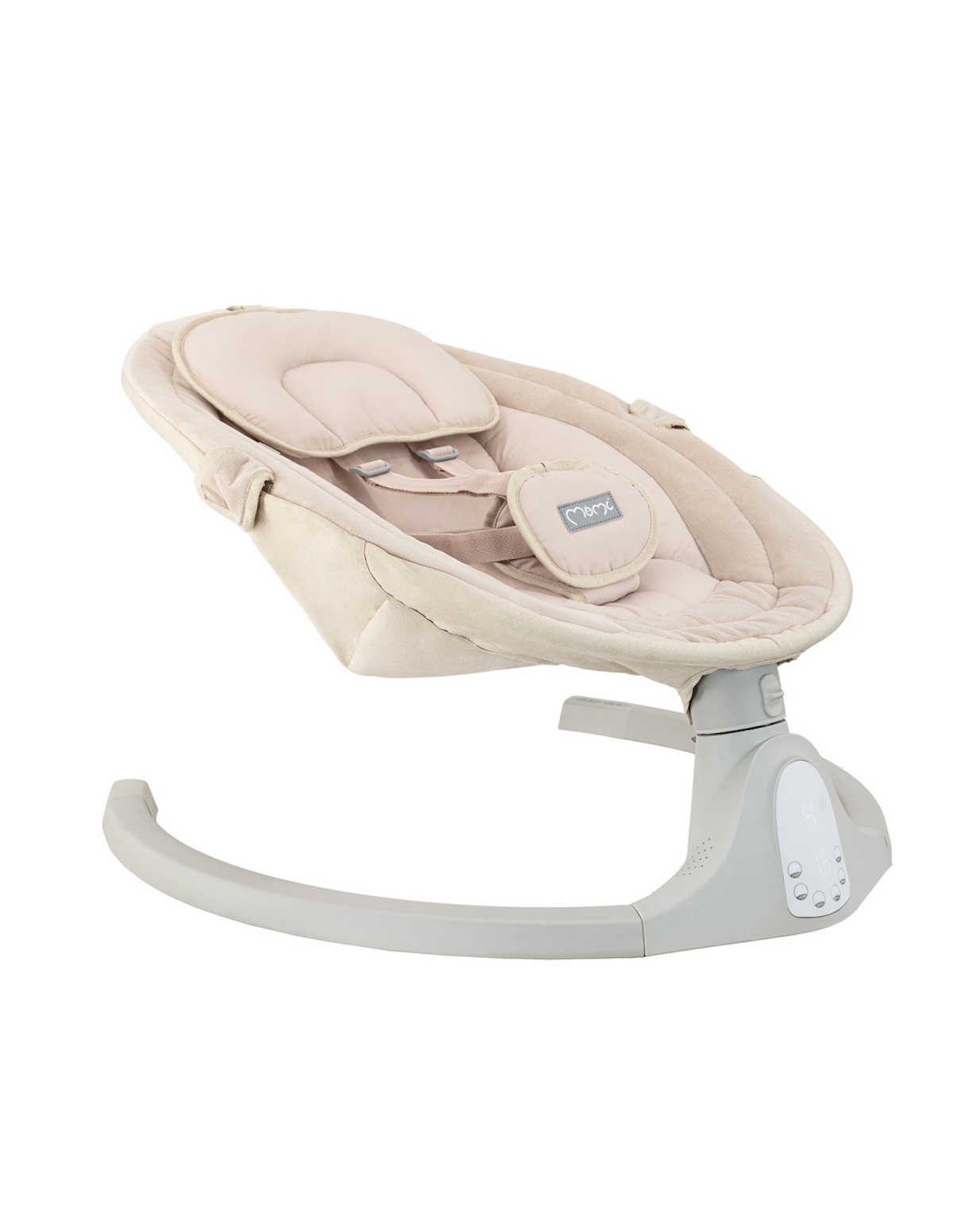 Ein beiger Babyschaukel mit einem gepolsterten Sitz und Gurten.