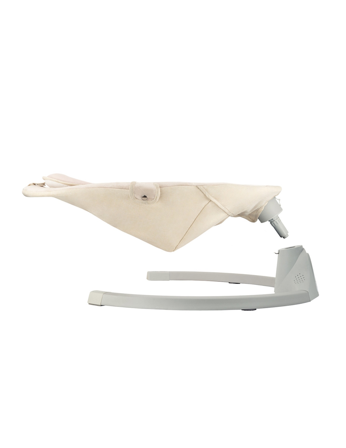 Ein beiger Babyschaukel-Sitz mit grauem Gestell.
