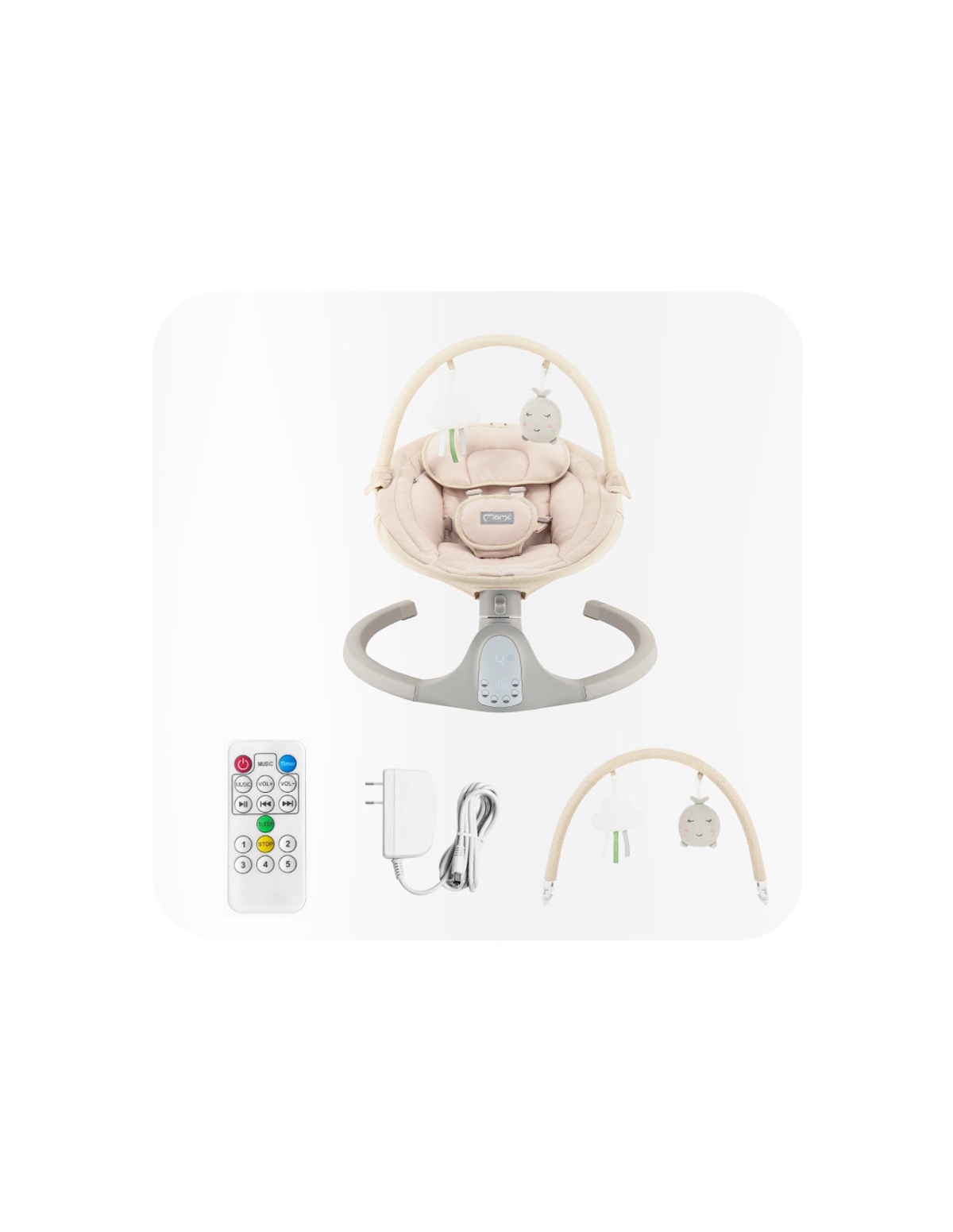 Ein rosa Babywippen-Set mit Fernbedienung, Netzteil und Spielbügel.