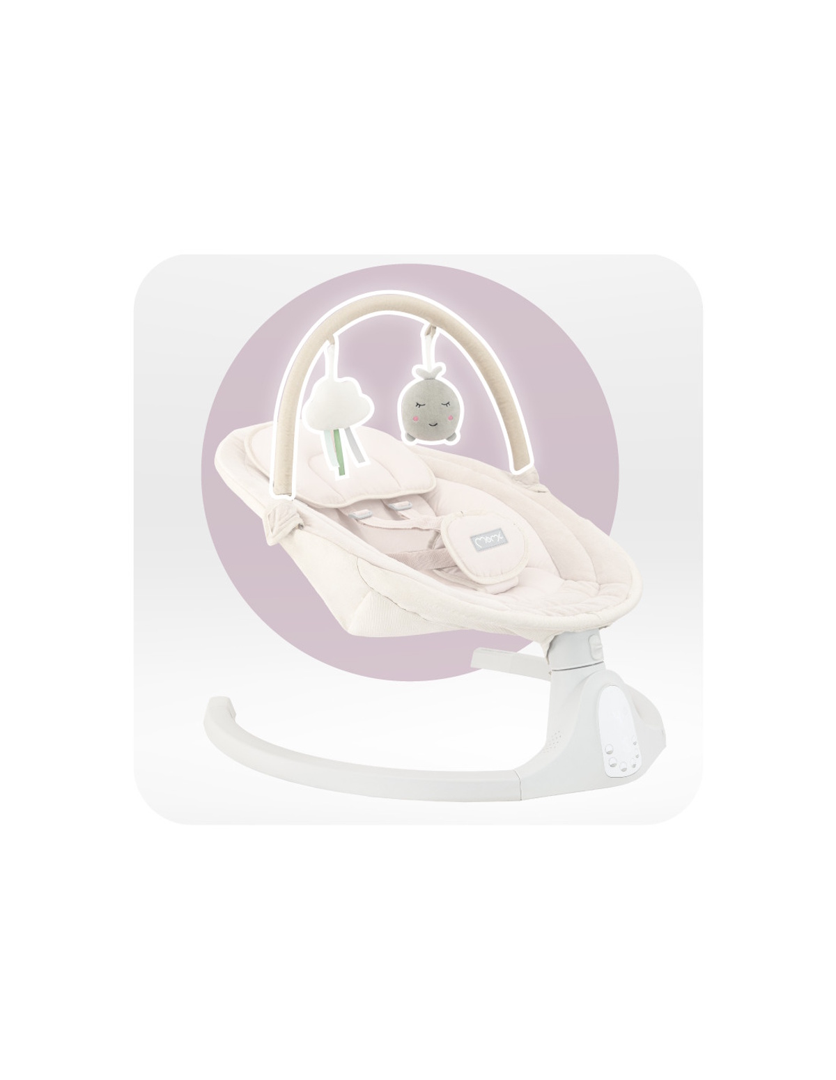 Ein beiger Babyschaukel mit Spielzeuganhängern, Wolke und Wal.
