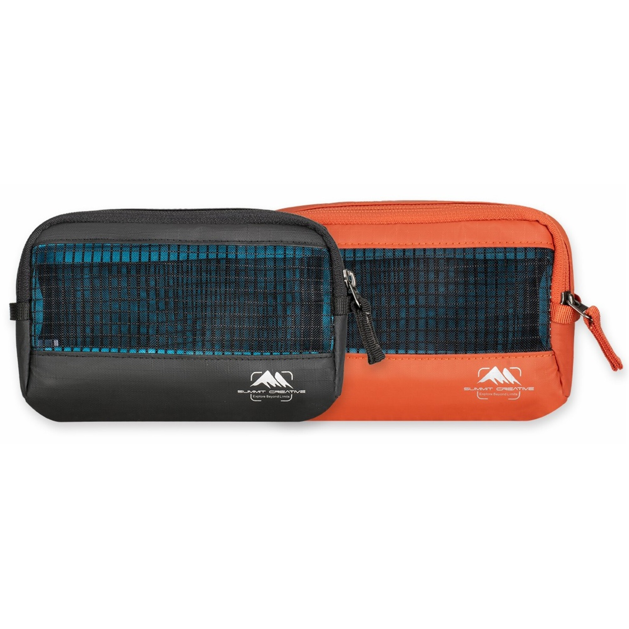 Zwei Taschen, eine schwarz, eine orange, mit Netzfenstern und Reißverschlüssen.