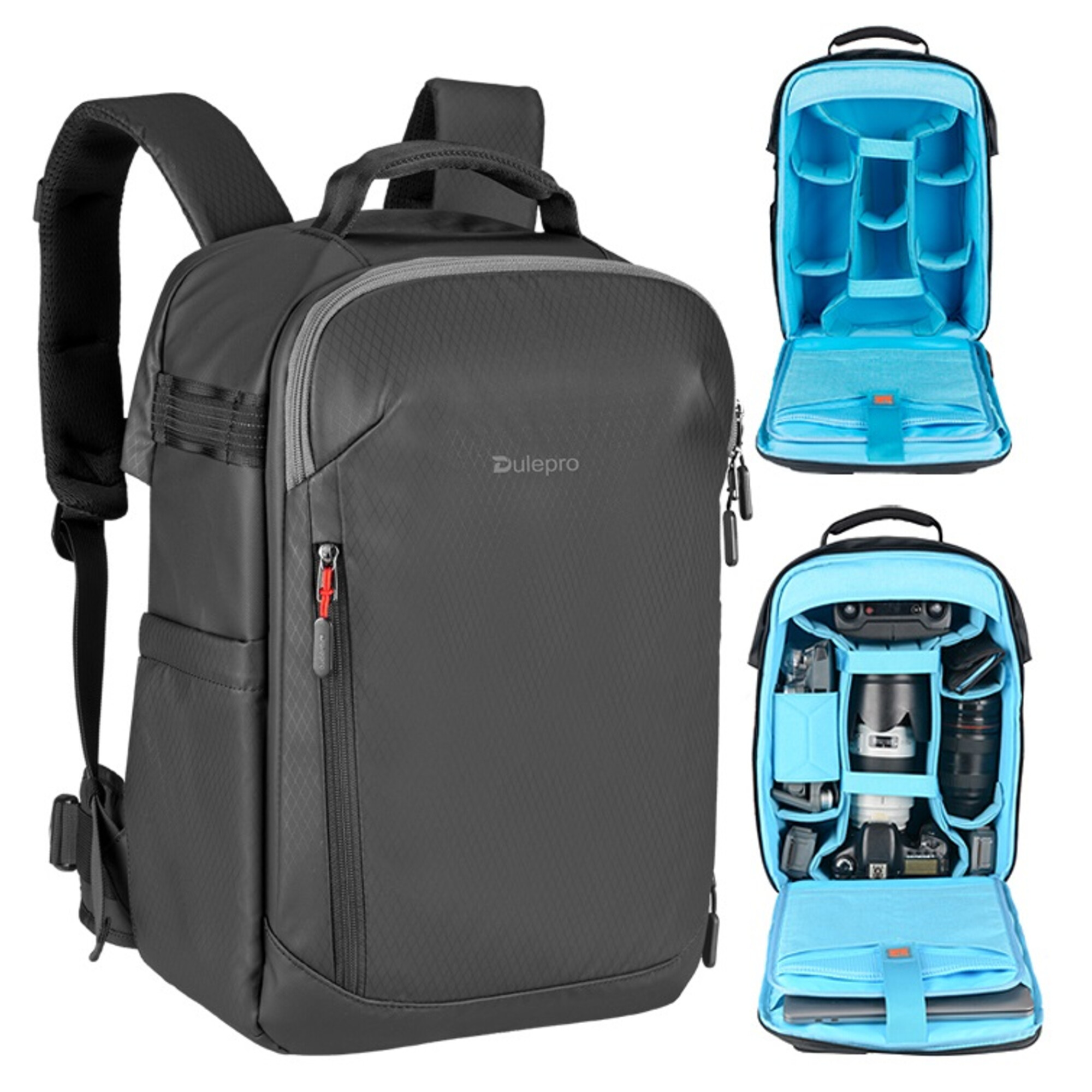 Schwarzer Rucksack mit blauem Innenleben, gefüllt mit Kamera, Drohne und Laptop.
