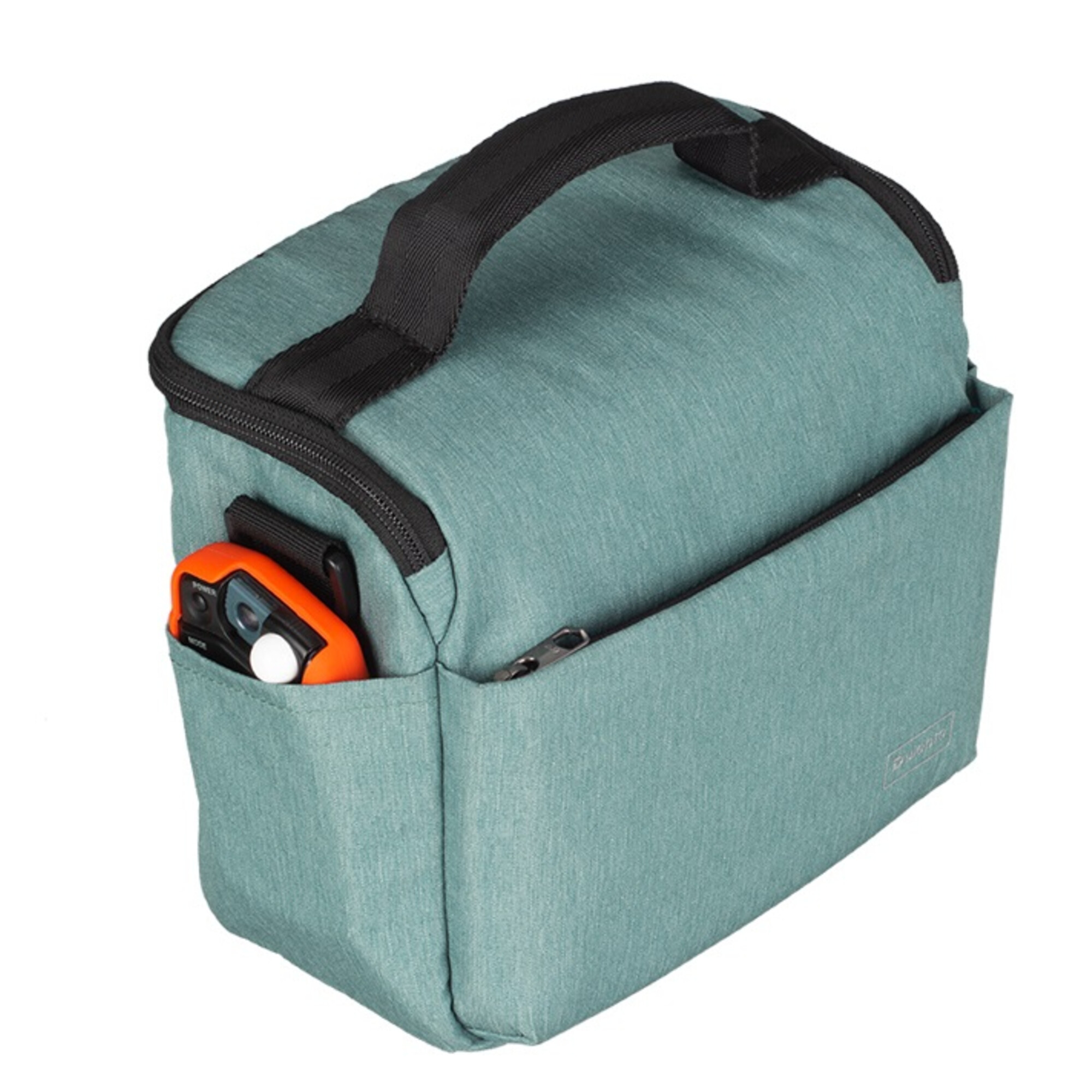 Türkise Kameratasche mit schwarzem Griff. Orange-schwarzes Gerät in Tasche.