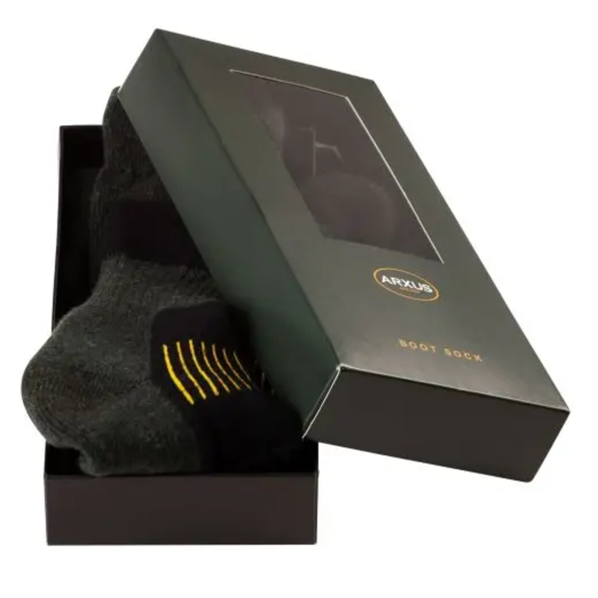 Dunkelgraue Socken mit gelber Verzierung in einer grünen Geschenkbox.